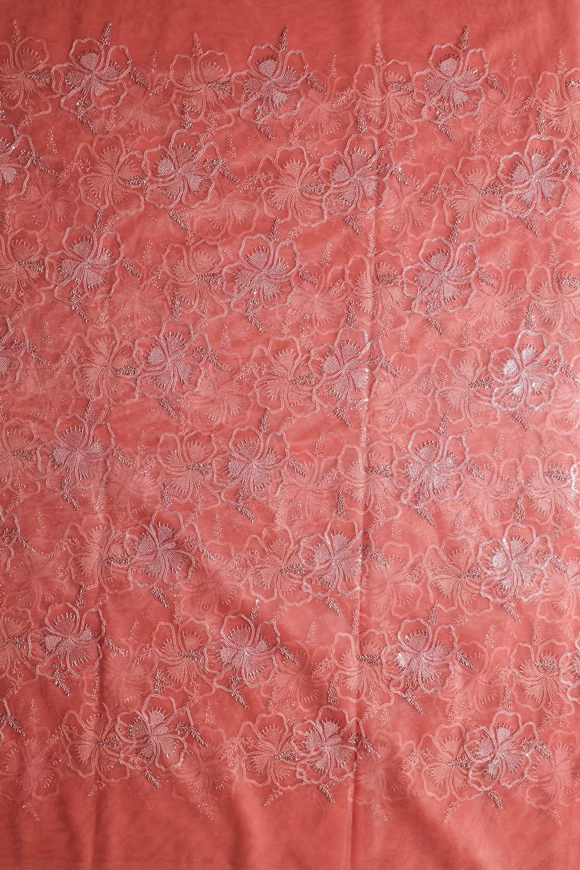 Gajri Pink Thread & Gold Beads With Water Sequins Floral Embroidery On Gajri Pink Soft Net Fabric