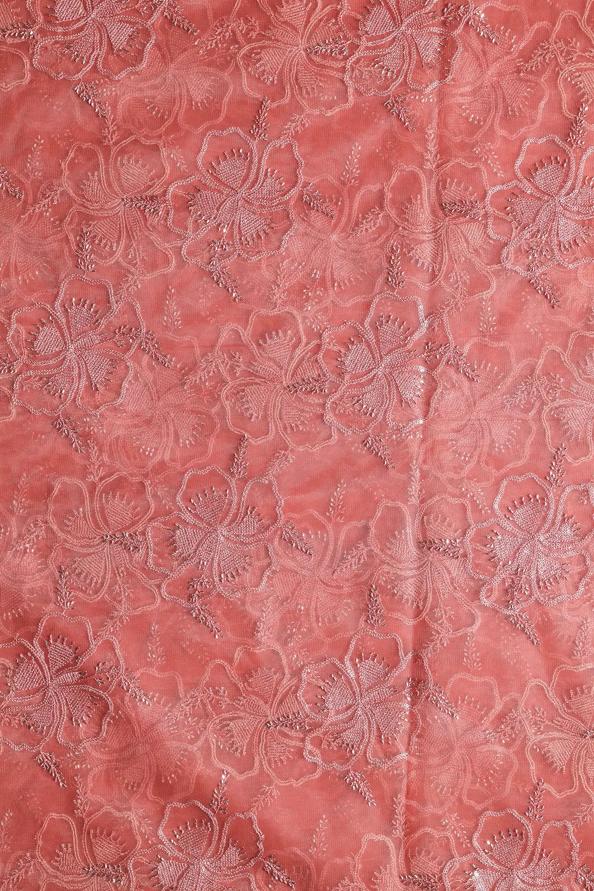 Gajri Pink Thread & Gold Beads With Water Sequins Floral Embroidery On Gajri Pink Soft Net Fabric