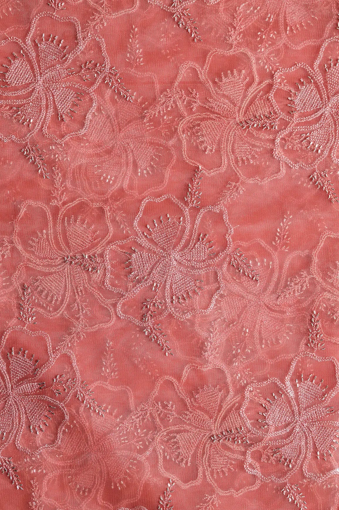 Gajri Pink Thread & Gold Beads With Water Sequins Floral Embroidery On Gajri Pink Soft Net Fabric