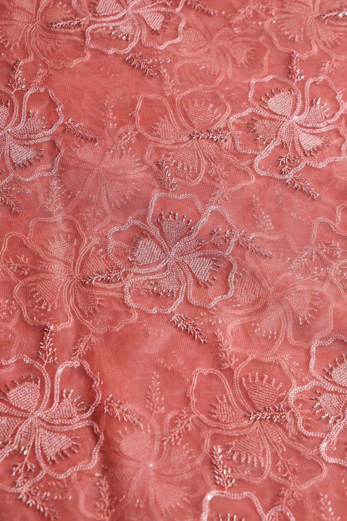 Gajri Pink Thread & Gold Beads With Water Sequins Floral Embroidery On Gajri Pink Soft Net Fabric