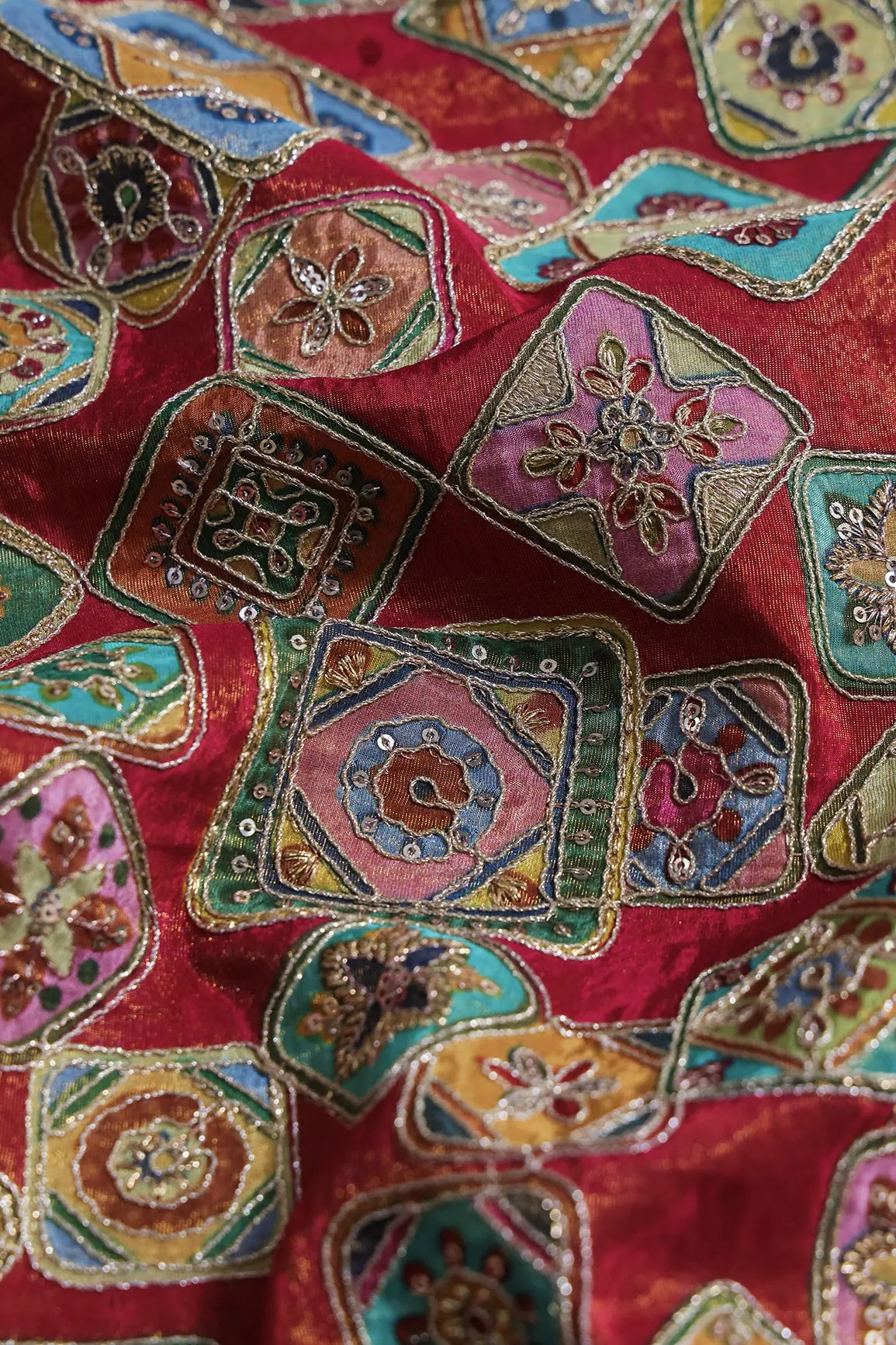 Gold Zari With Sequins Traditional Embroidery Work On Rani Pure Viscose Zari Tissue Fabric
