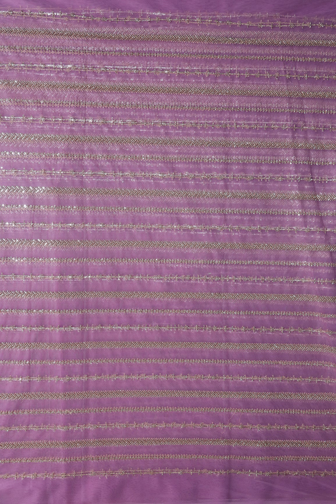 Gold Beads With Gold Sequins Beautiful Stripes Embroidery Work On Lilac Soft Net Fabric