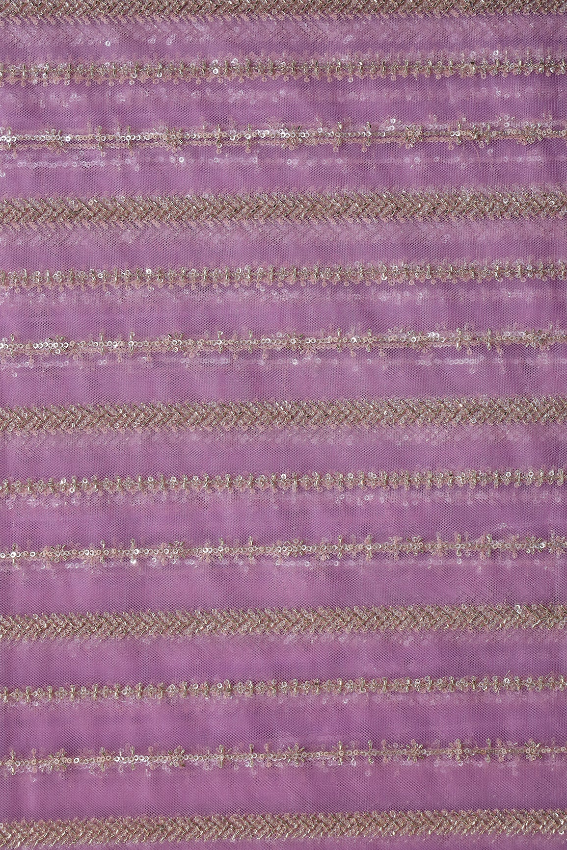 Gold Beads With Gold Sequins Beautiful Stripes Embroidery Work On Lilac Soft Net Fabric