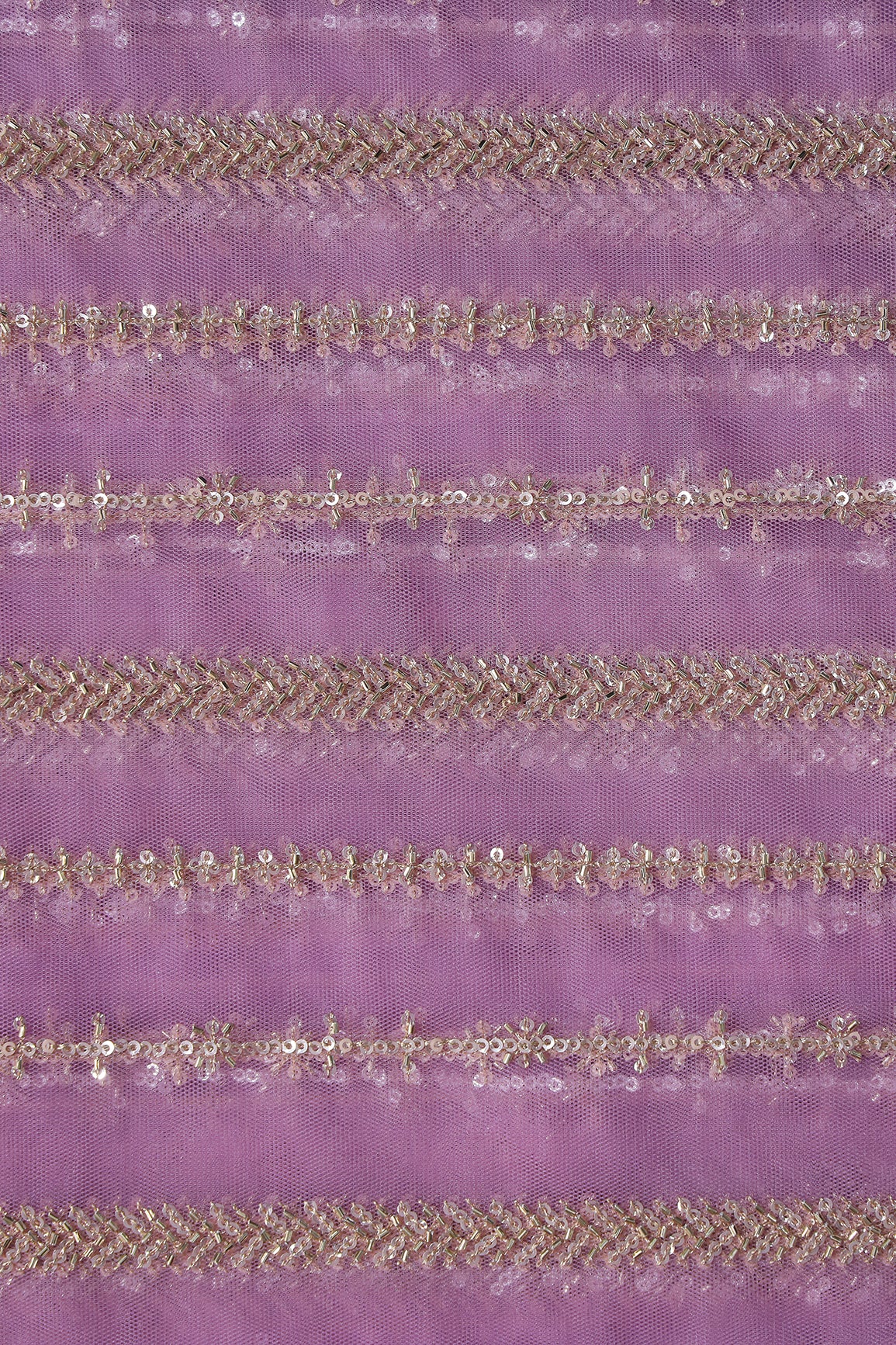 Gold Beads With Gold Sequins Beautiful Stripes Embroidery Work On Lilac Soft Net Fabric