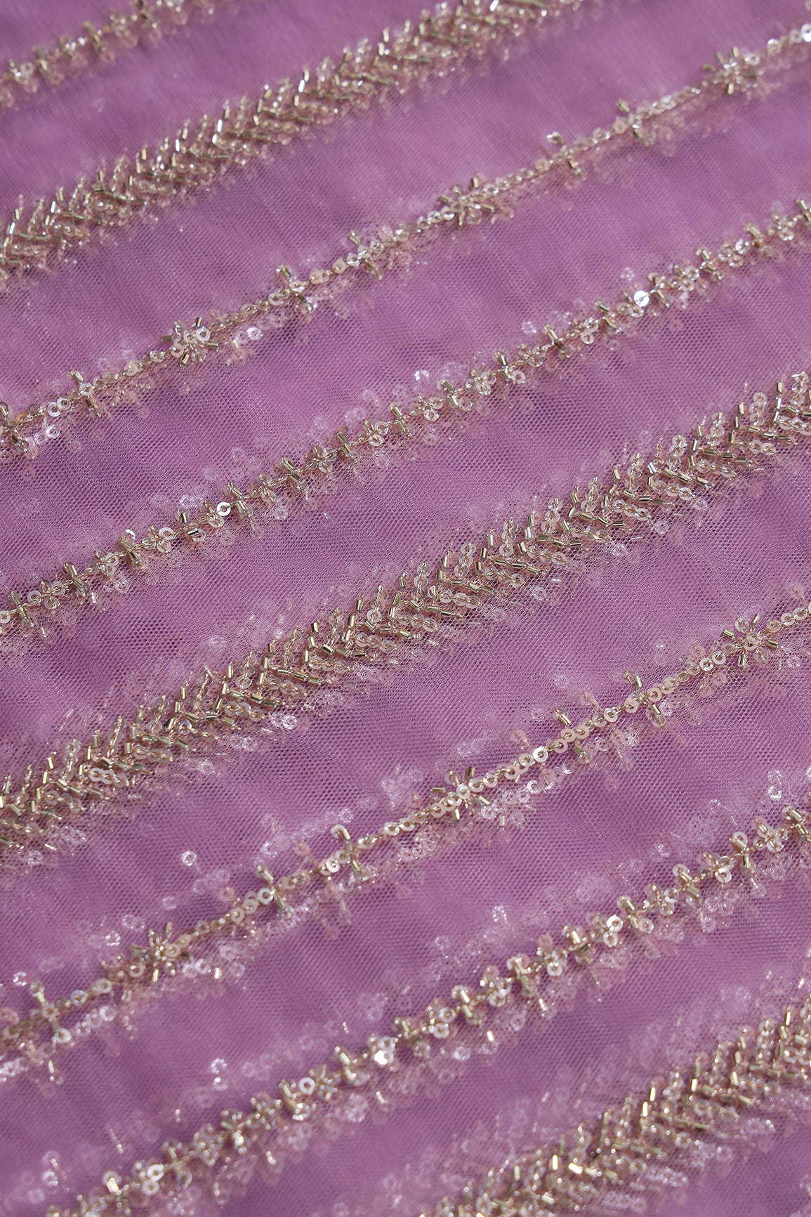 Gold Beads With Gold Sequins Beautiful Stripes Embroidery Work On Lilac Soft Net Fabric