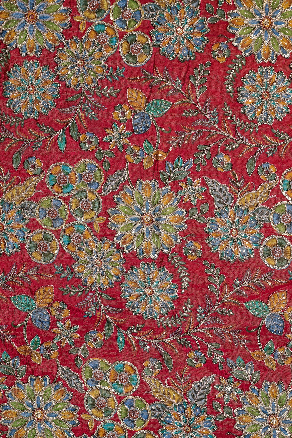 Floral Positional Print On Sequins With Zari Embroidery On Rani Viscose Zari Tissue Fabric