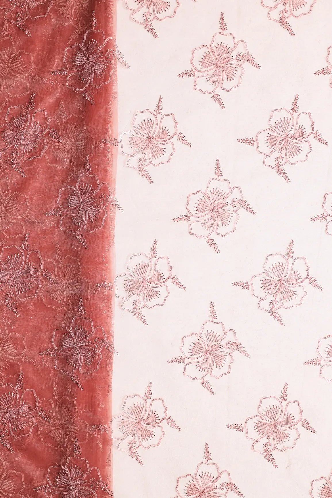Gajri Pink Thread & Gold Beads With Water Sequins Floral Embroidery On Gajri Pink Soft Net Fabric