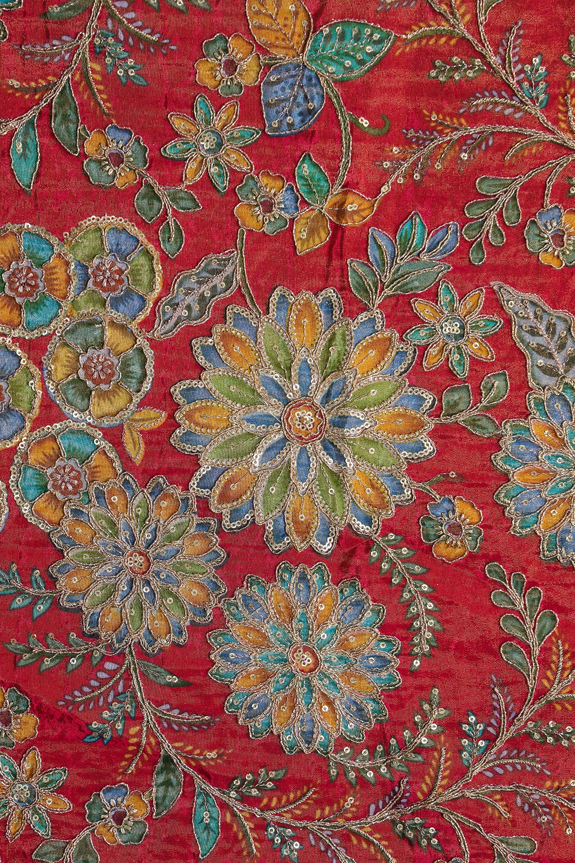 Floral Positional Print On Sequins With Zari Embroidery On Rani Viscose Zari Tissue Fabric