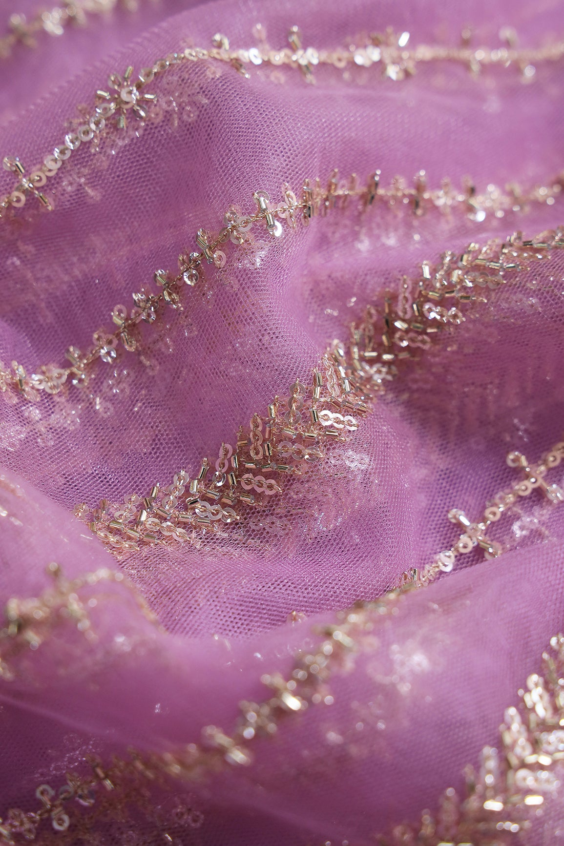 Gold Beads With Gold Sequins Beautiful Stripes Embroidery Work On Lilac Soft Net Fabric