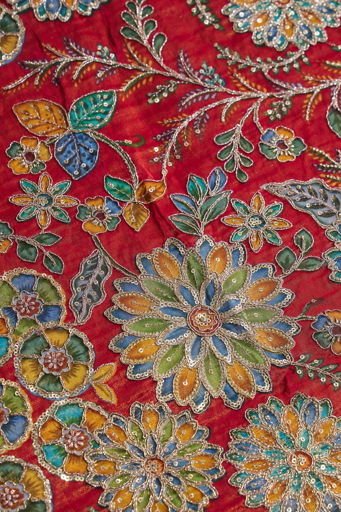 Floral Positional Print On Sequins With Zari Embroidery On Rani Viscose Zari Tissue Fabric