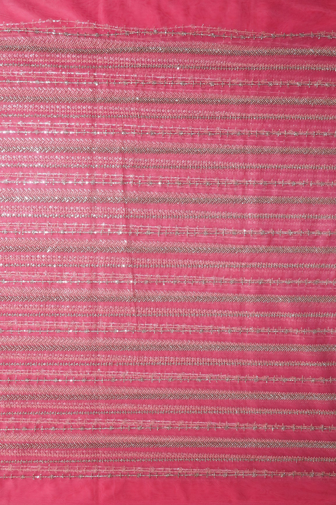 Gold Beads With Gold Sequins Beautiful Stripes Embroidery Work On Pink Soft Net Fabric