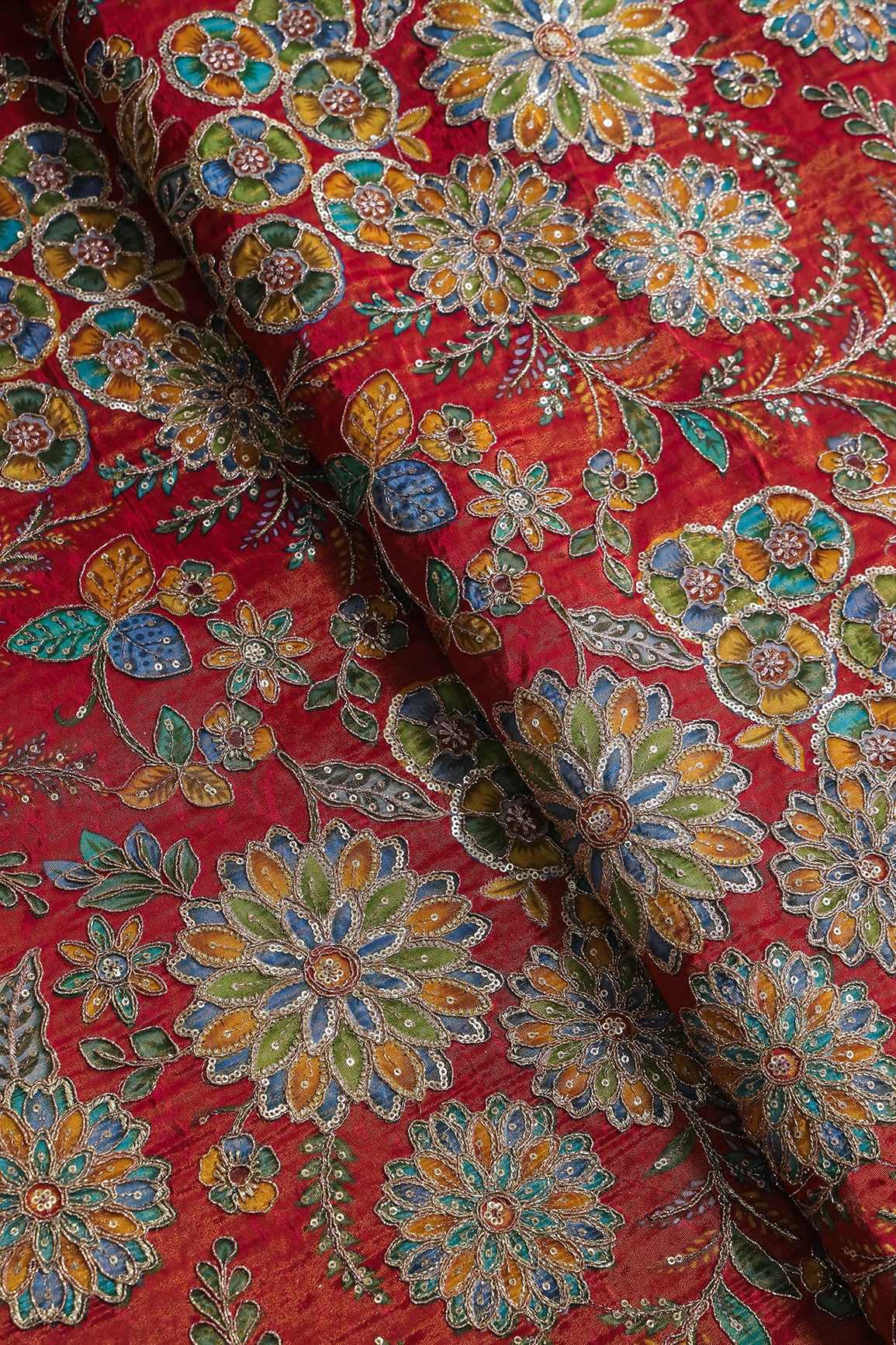 Floral Positional Print On Sequins With Zari Embroidery On Rani Viscose Zari Tissue Fabric