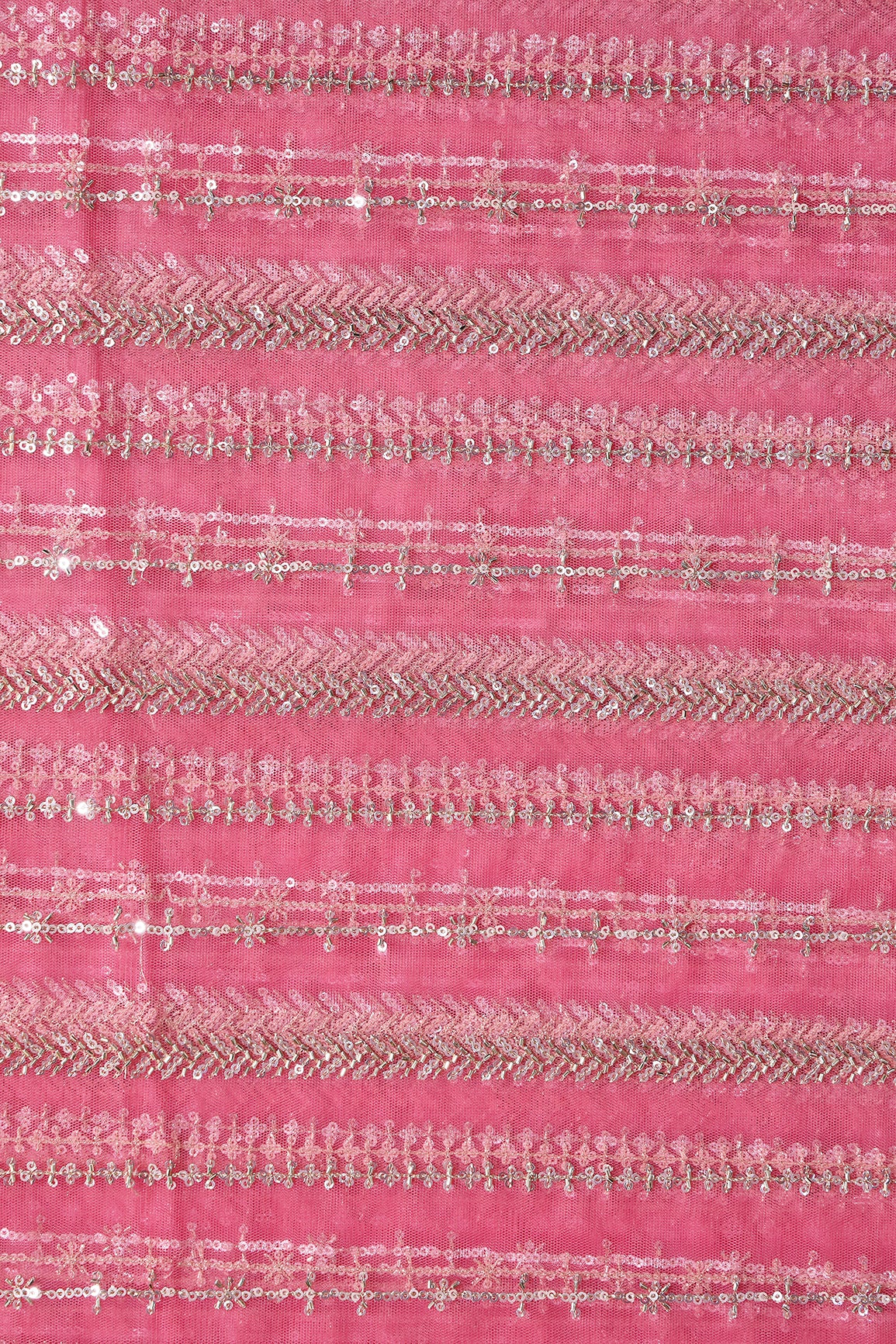 Gold Beads With Gold Sequins Beautiful Stripes Embroidery Work On Pink Soft Net Fabric