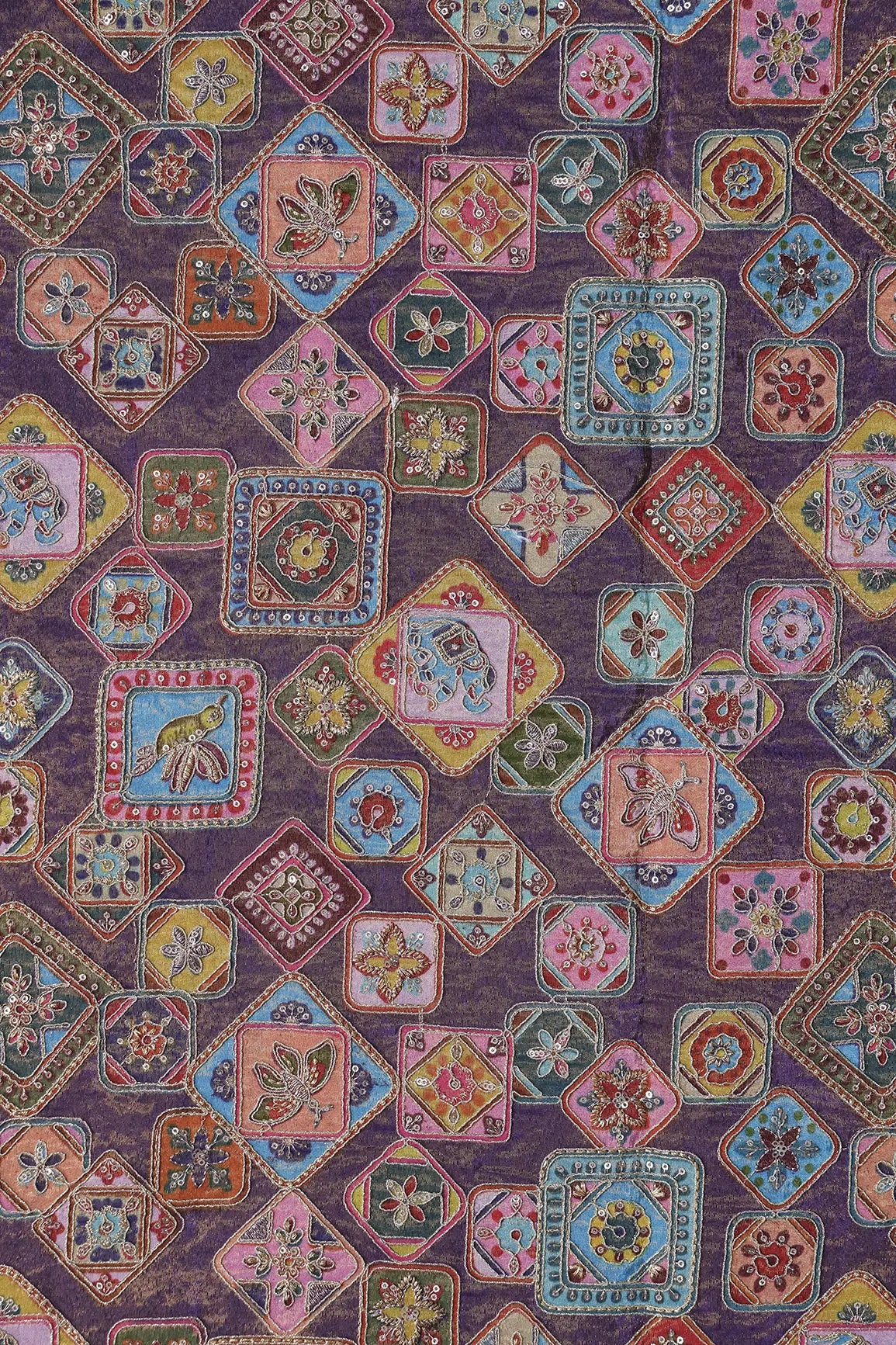 Gold Zari With Sequins Traditional Embroidery Work On Purple Pure Viscose Zari Tissue Fabric
