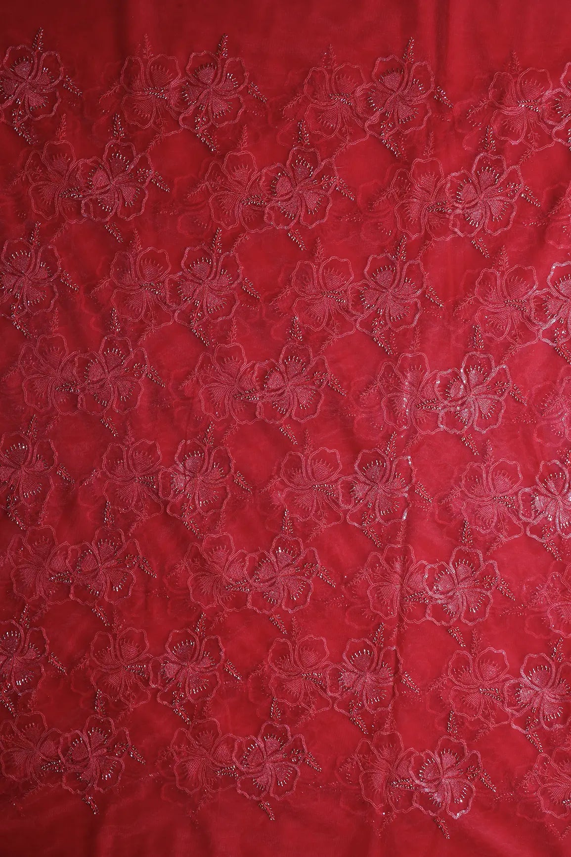 Red Thread & Gold Beads With Water Sequins Floral Embroidery On Cherry Red Soft Net Fabric