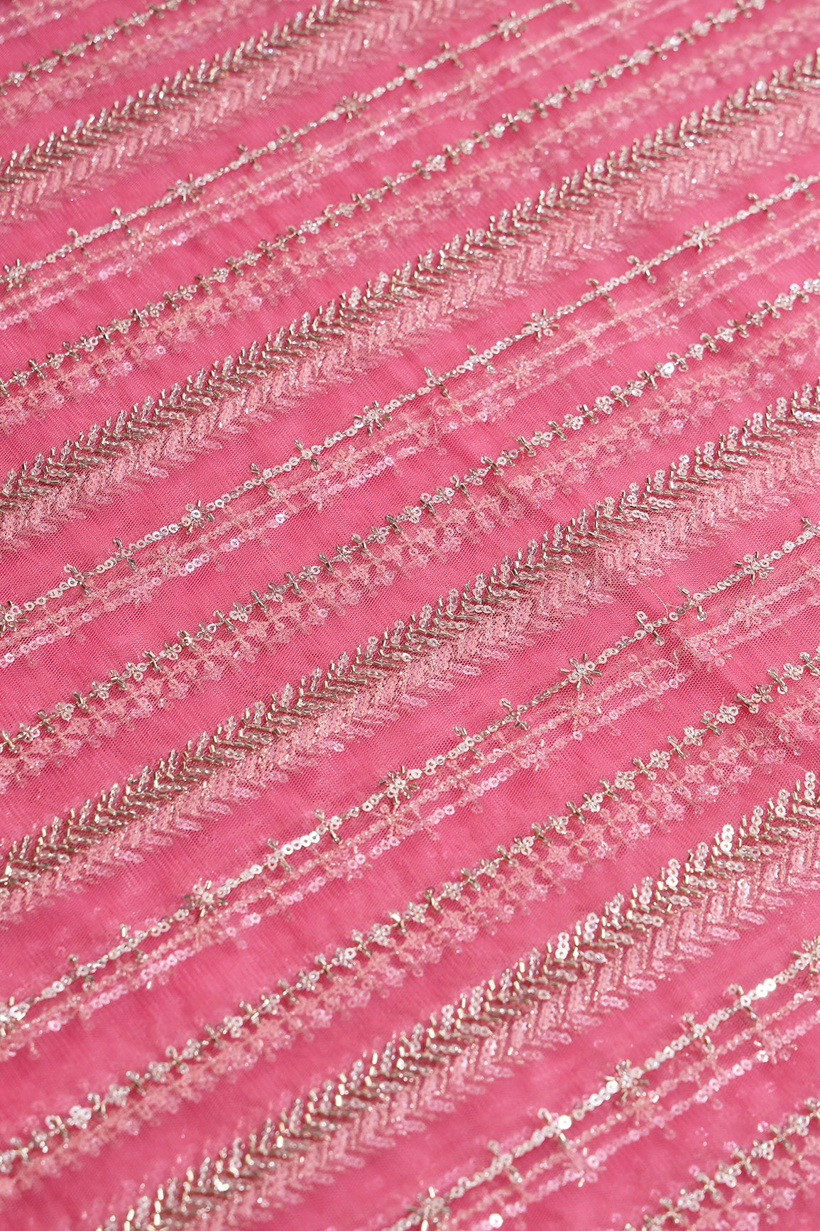 Gold Beads With Gold Sequins Beautiful Stripes Embroidery Work On Pink Soft Net Fabric