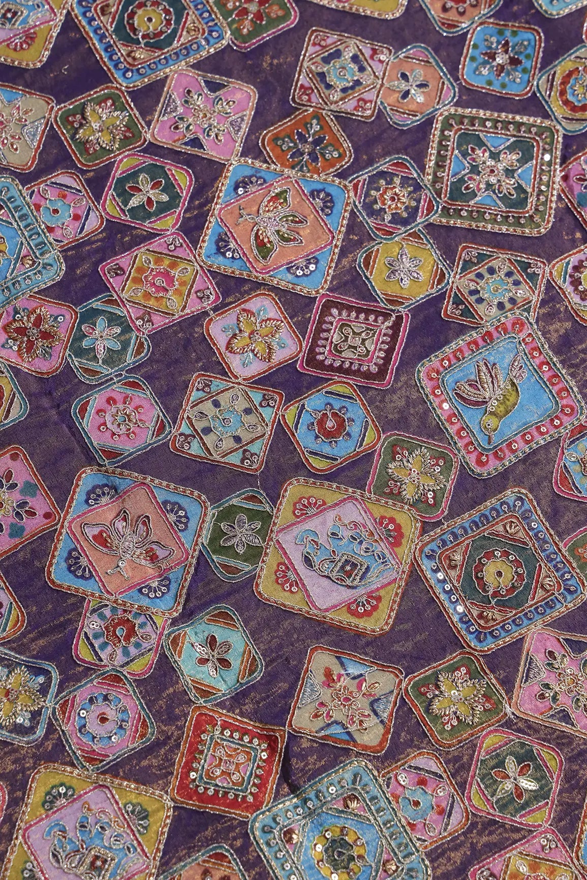 Gold Zari With Sequins Traditional Embroidery Work On Purple Pure Viscose Zari Tissue Fabric