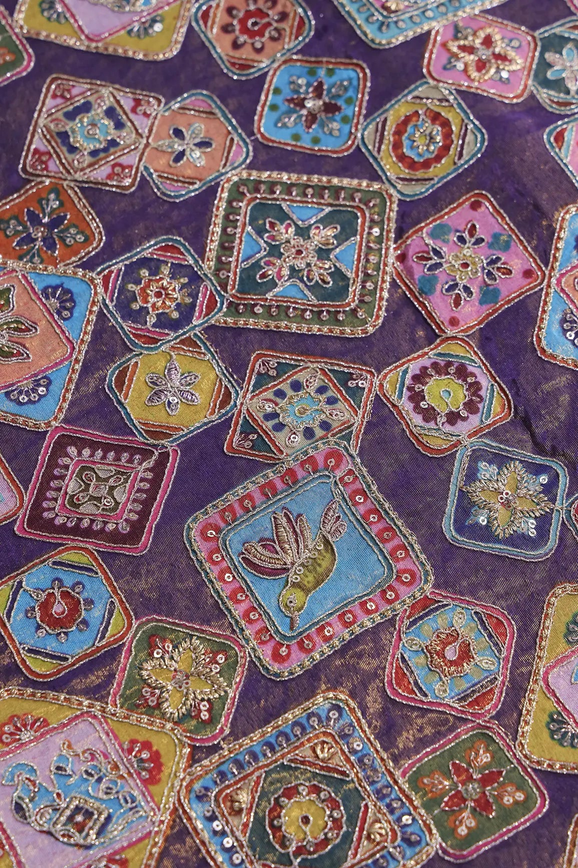 Gold Zari With Sequins Traditional Embroidery Work On Purple Pure Viscose Zari Tissue Fabric