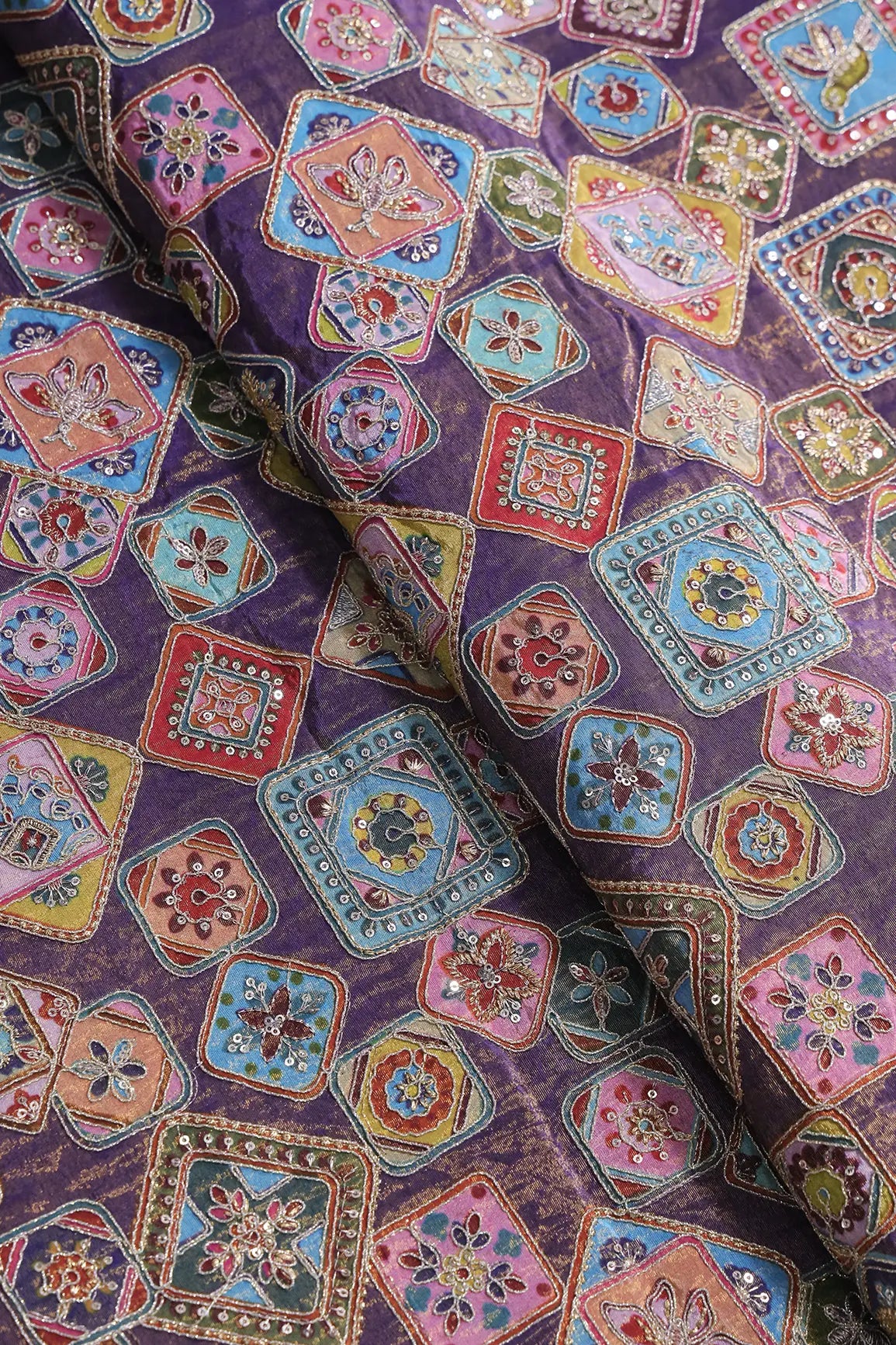 Gold Zari With Sequins Traditional Embroidery Work On Purple Pure Viscose Zari Tissue Fabric
