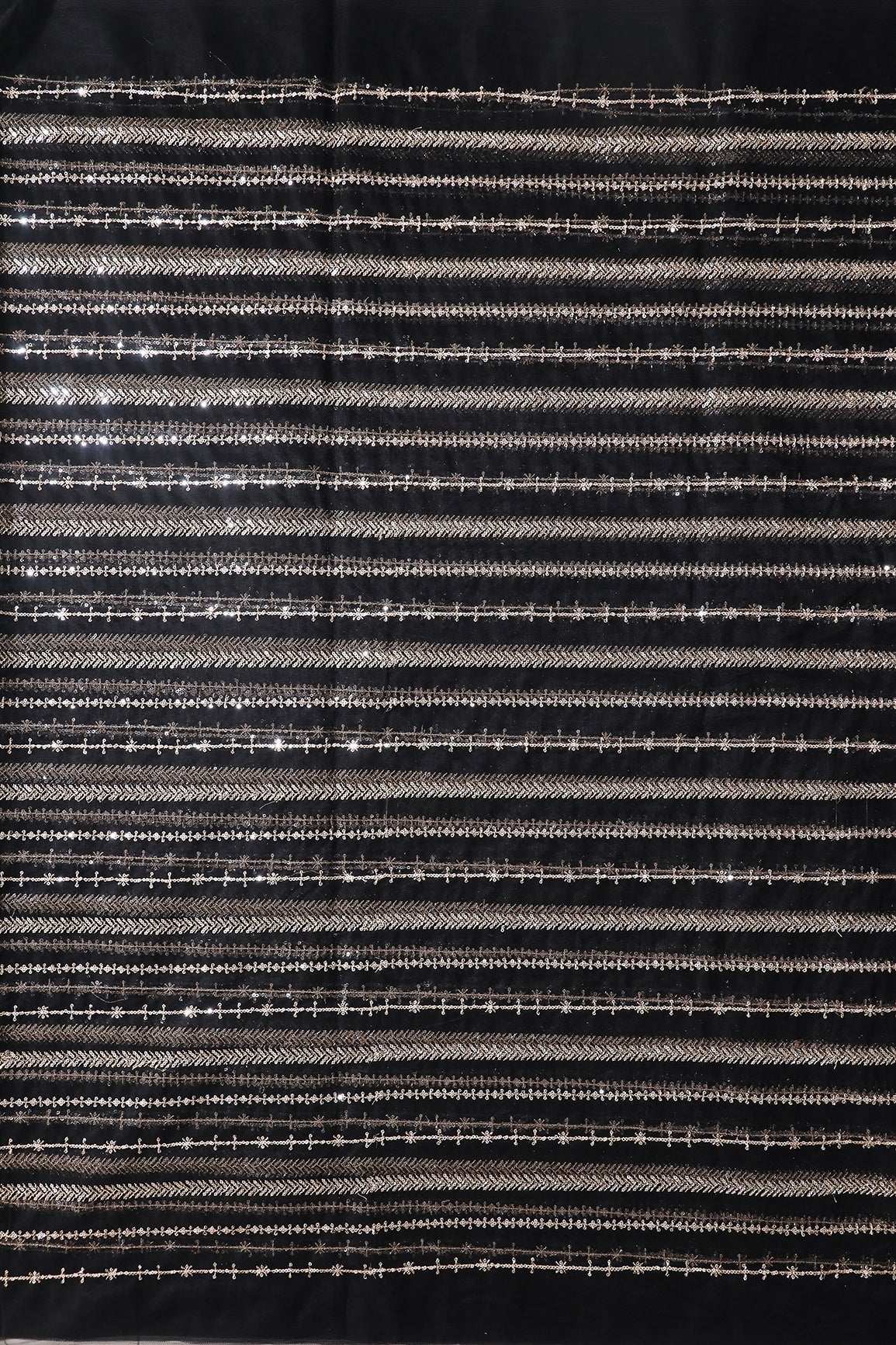 Gold Beads With Gold Sequins Beautiful Stripes Embroidery Work On Black Soft Net Fabric