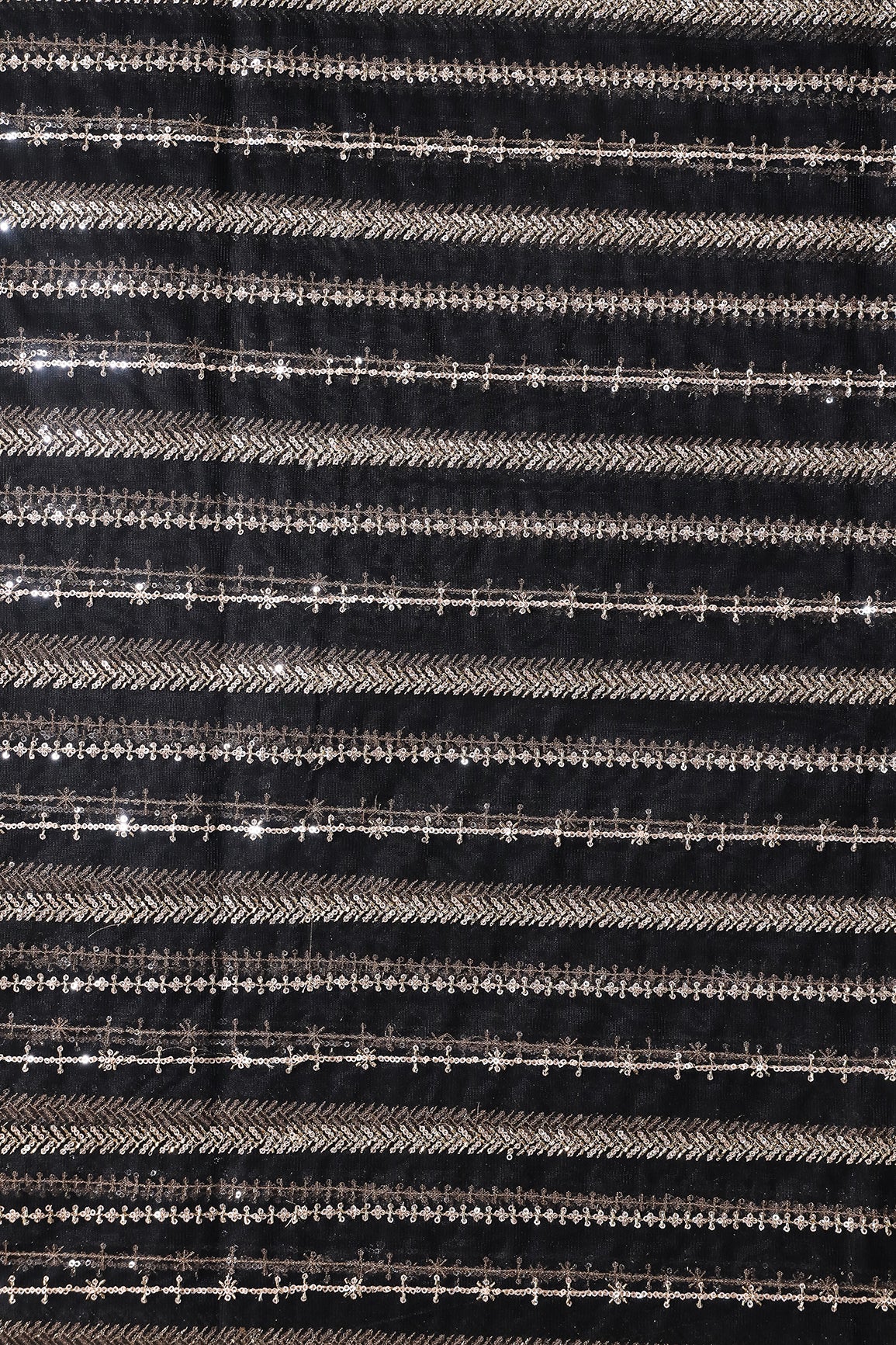 Gold Beads With Gold Sequins Beautiful Stripes Embroidery Work On Black Soft Net Fabric