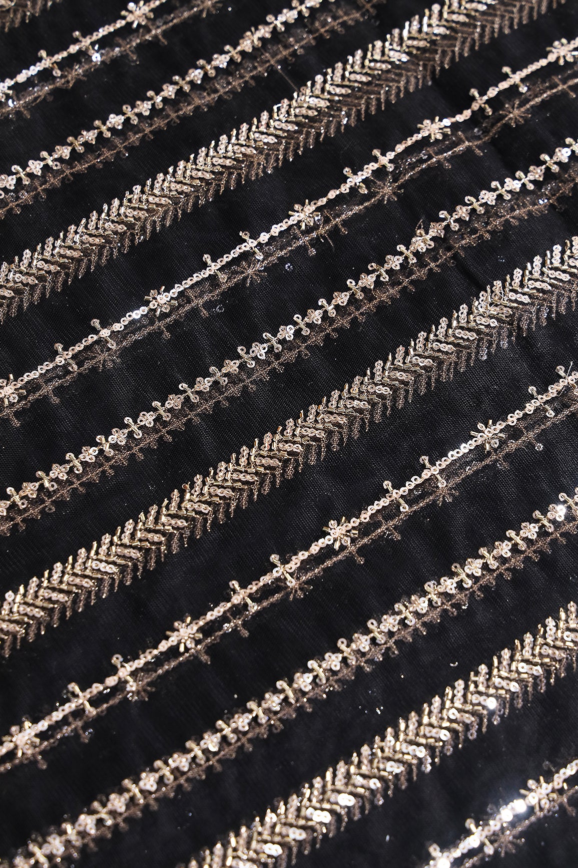 Gold Beads With Gold Sequins Beautiful Stripes Embroidery Work On Black Soft Net Fabric