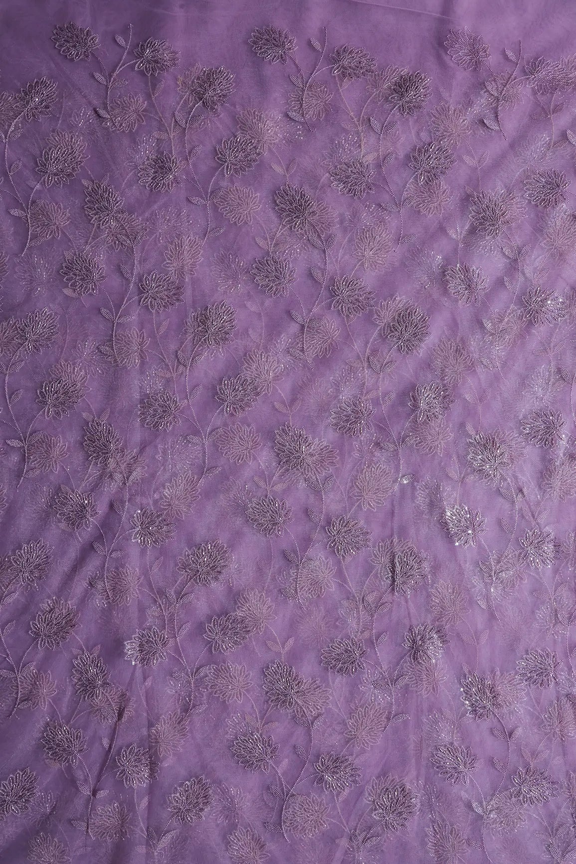 Lilac Thread & Gold Beads With Water Sequins Floral Embroidery On Lilac Soft Net Fabric