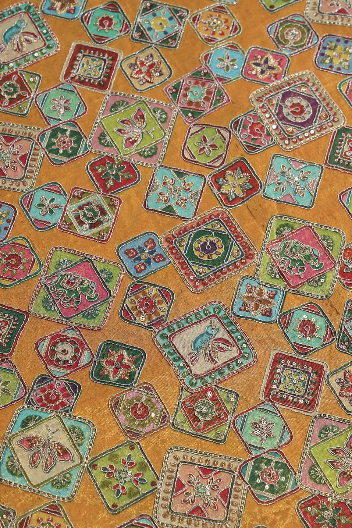 Gold Zari With Sequins Traditional Embroidery Work On Mustard Yellow Pure Viscose Zari Tissue Fabric