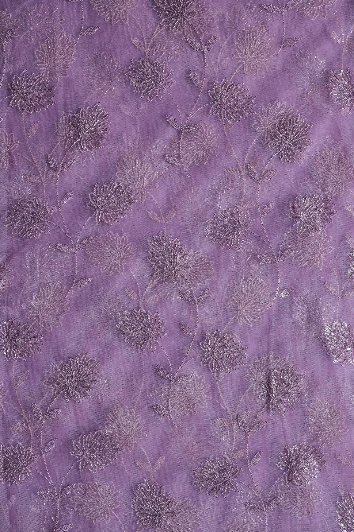 Lilac Thread & Gold Beads With Water Sequins Floral Embroidery On Lilac Soft Net Fabric
