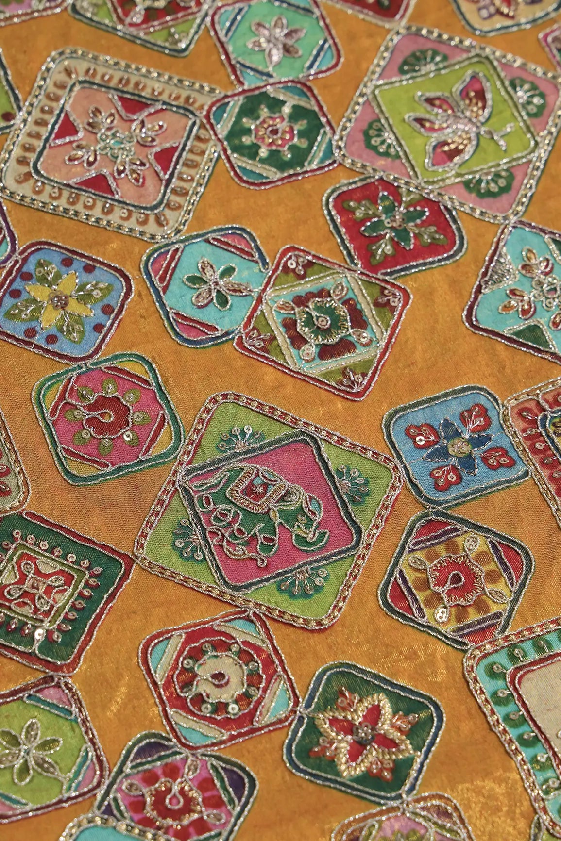 Gold Zari With Sequins Traditional Embroidery Work On Mustard Yellow Pure Viscose Zari Tissue Fabric