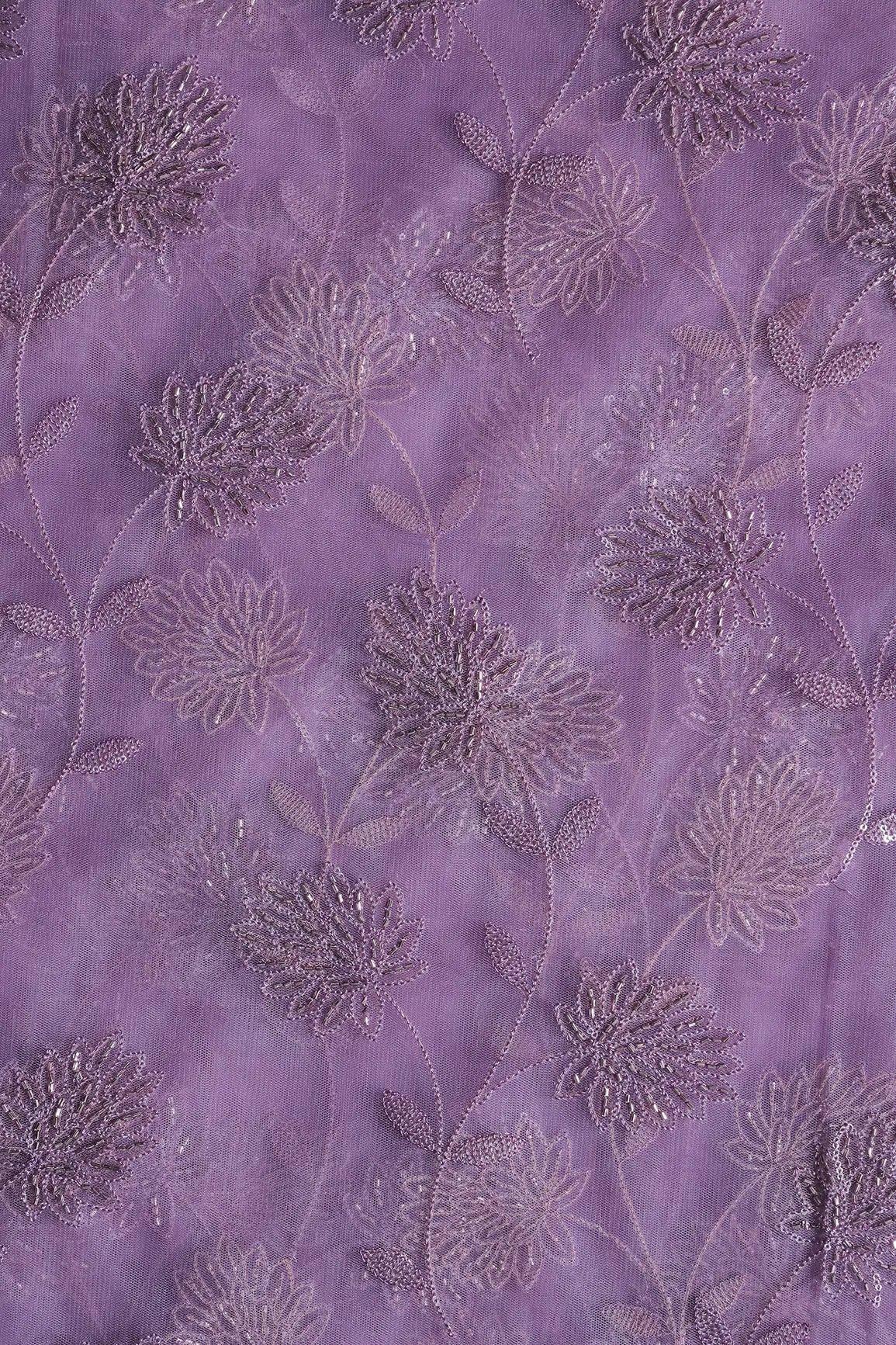 Lilac Thread & Gold Beads With Water Sequins Floral Embroidery On Lilac Soft Net Fabric