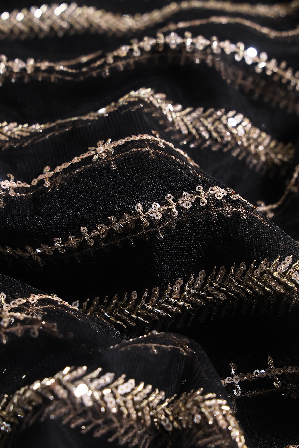Gold Beads With Gold Sequins Beautiful Stripes Embroidery Work On Black Soft Net Fabric
