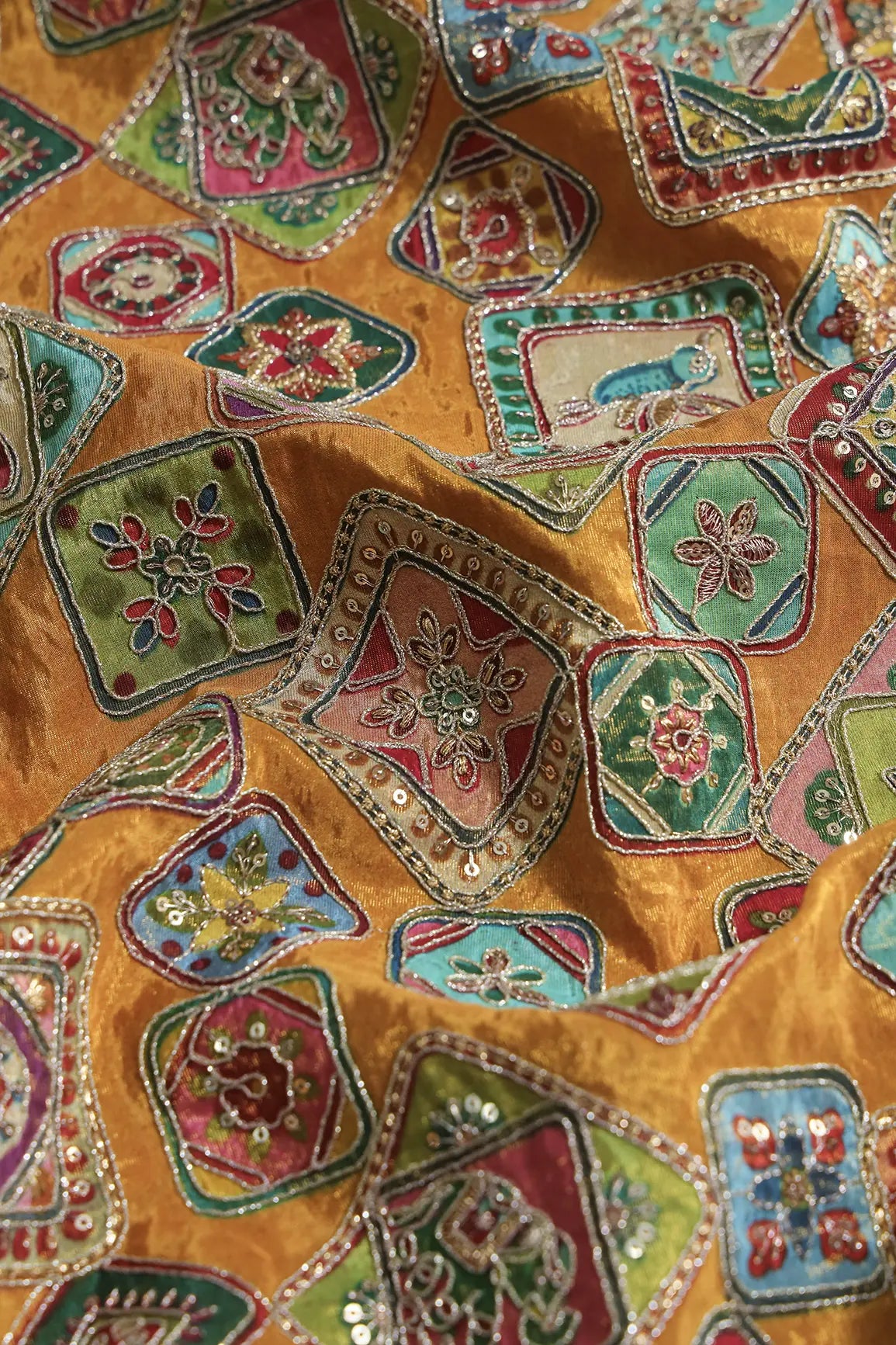 Gold Zari With Sequins Traditional Embroidery Work On Mustard Yellow Pure Viscose Zari Tissue Fabric