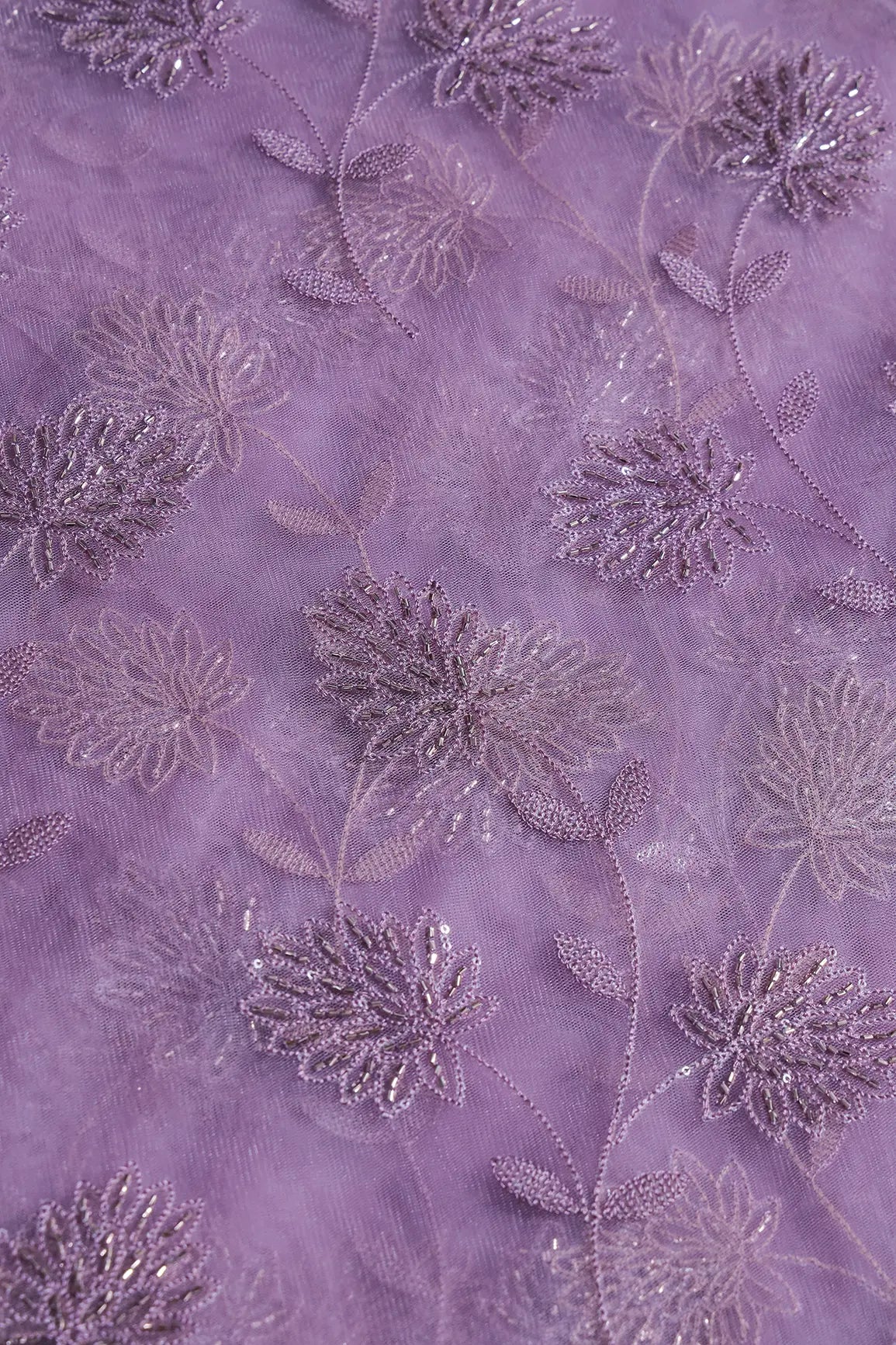 Lilac Thread & Gold Beads With Water Sequins Floral Embroidery On Lilac Soft Net Fabric