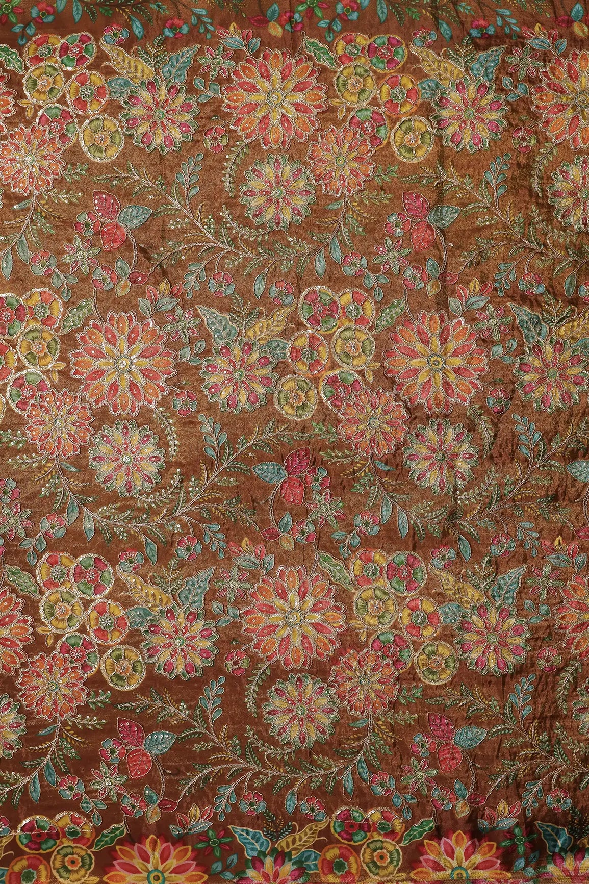 Floral Positional Print On Sequins With Zari Embroidery On Brown Viscose Zari Tissue Fabric