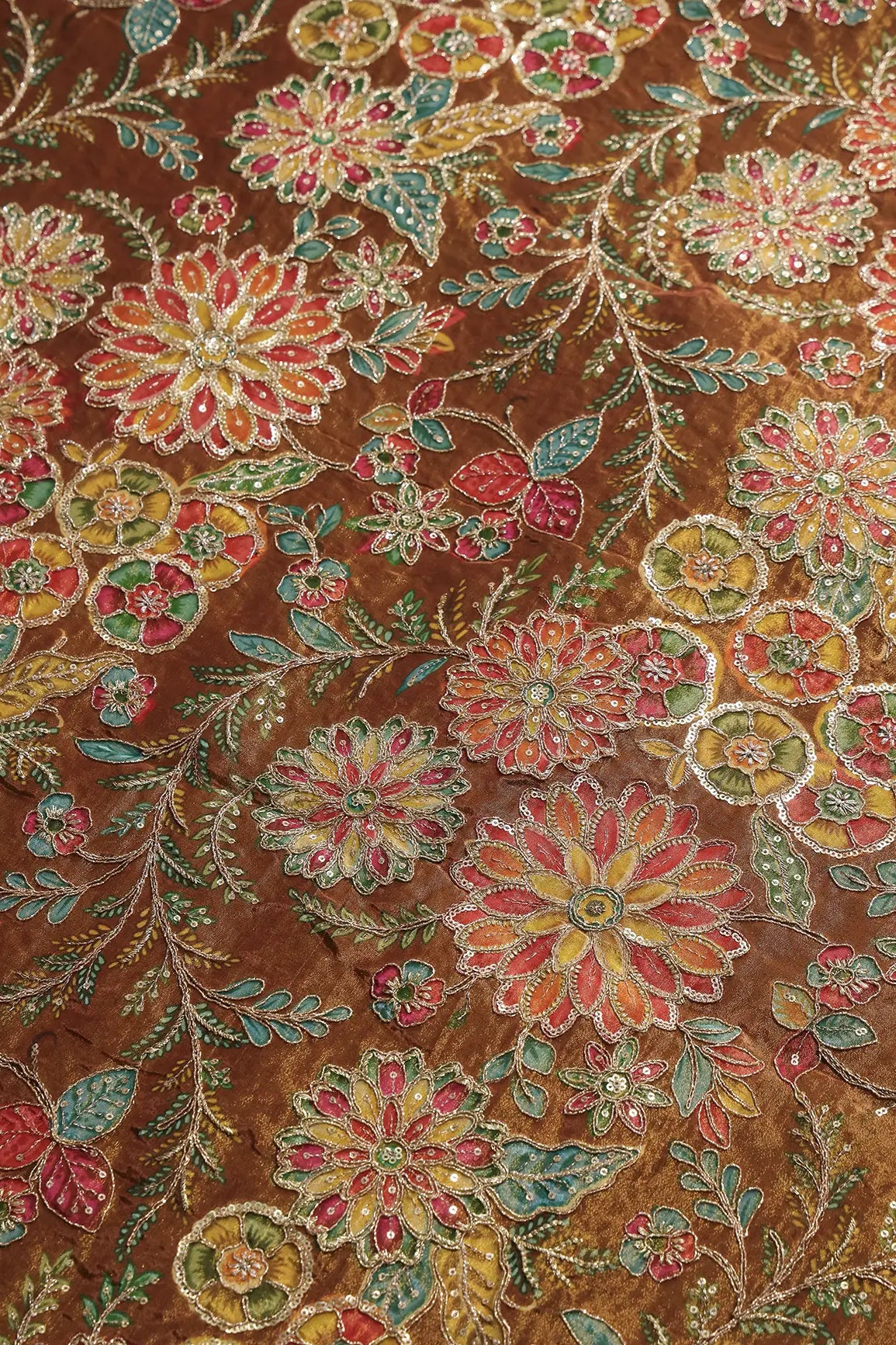Floral Positional Print On Sequins With Zari Embroidery On Brown Viscose Zari Tissue Fabric