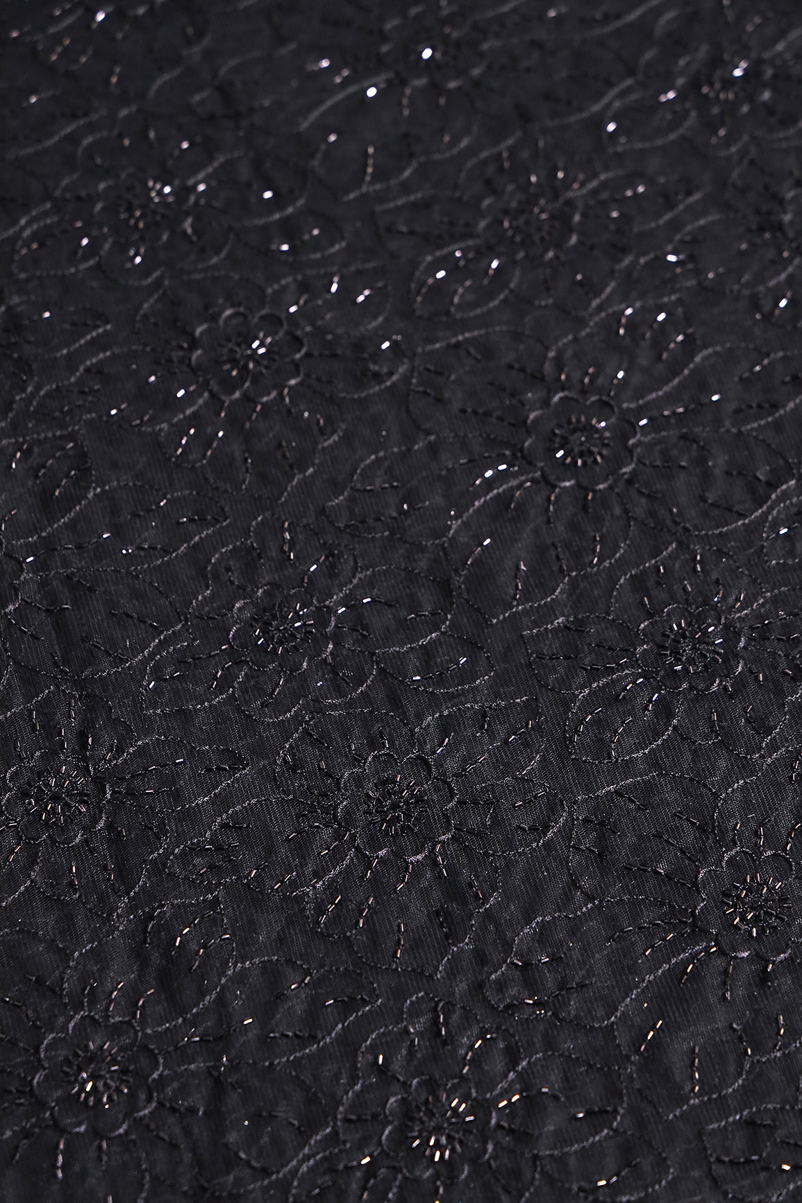 Black Thread With Beads Floral Embroidery Work On Black Soft Net Fabric