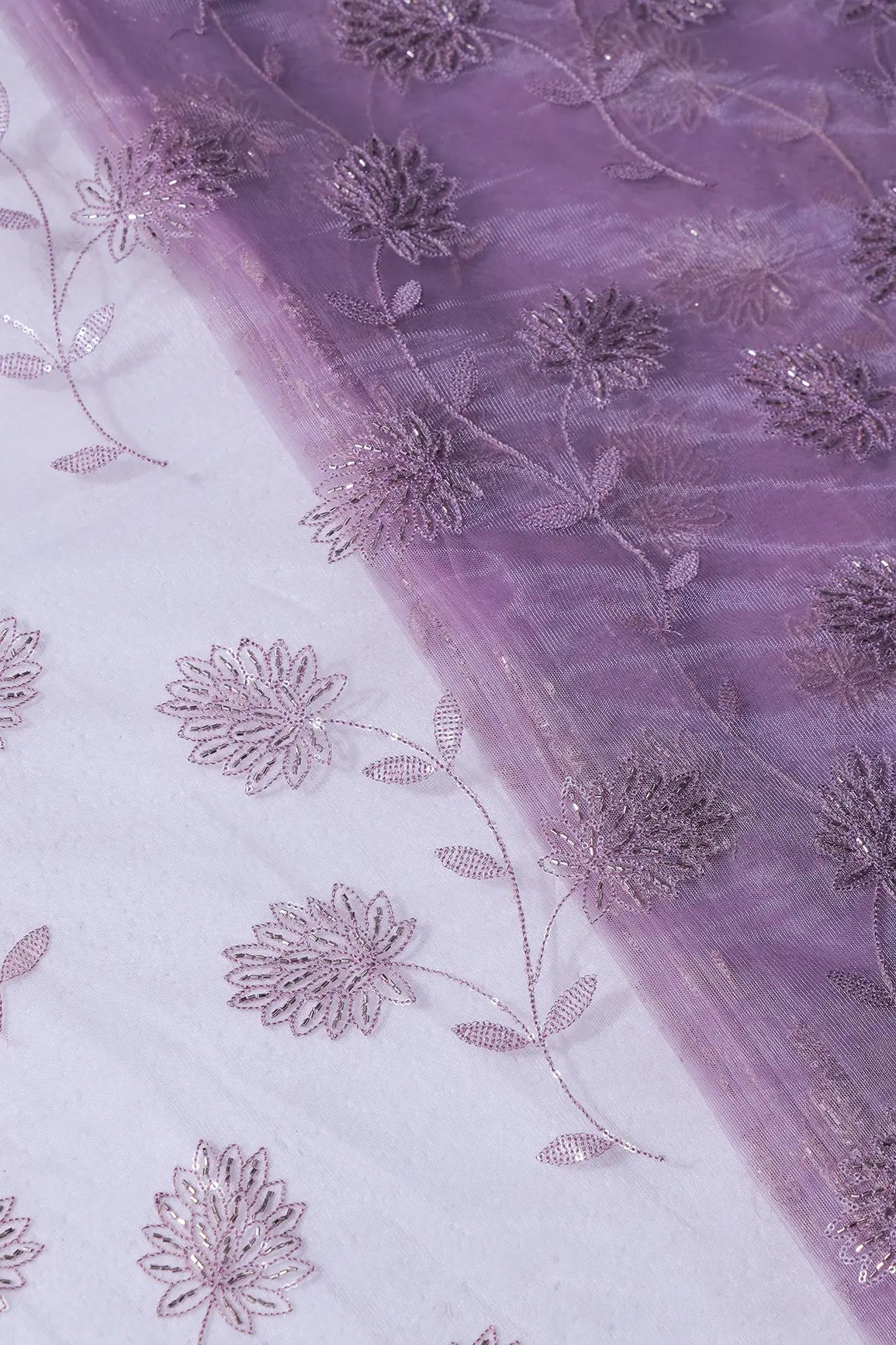 Lilac Thread & Gold Beads With Water Sequins Floral Embroidery On Lilac Soft Net Fabric