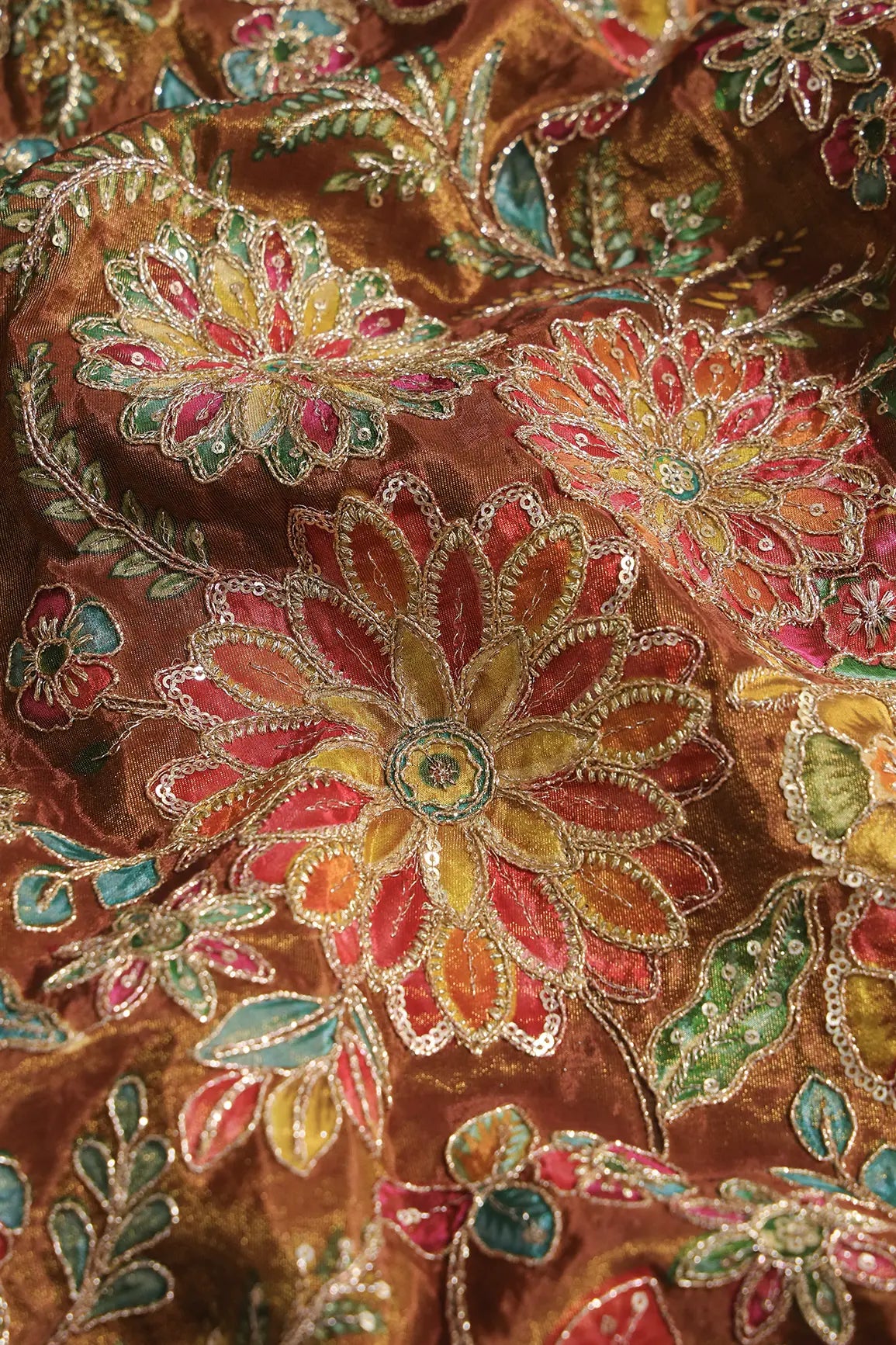 Floral Positional Print On Sequins With Zari Embroidery On Brown Viscose Zari Tissue Fabric