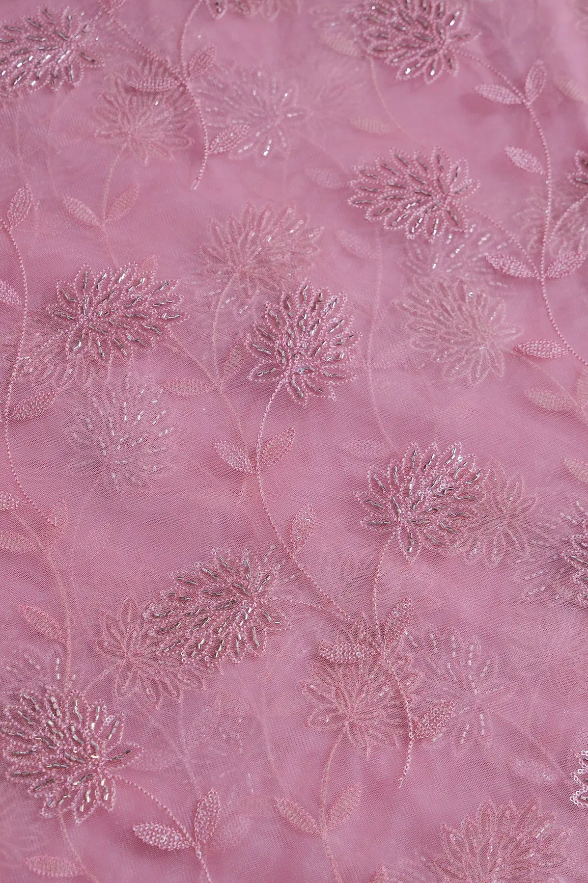 Pink Thread & Gold Beads With Water Sequins Floral Embroidery On Pink Soft Net Fabric