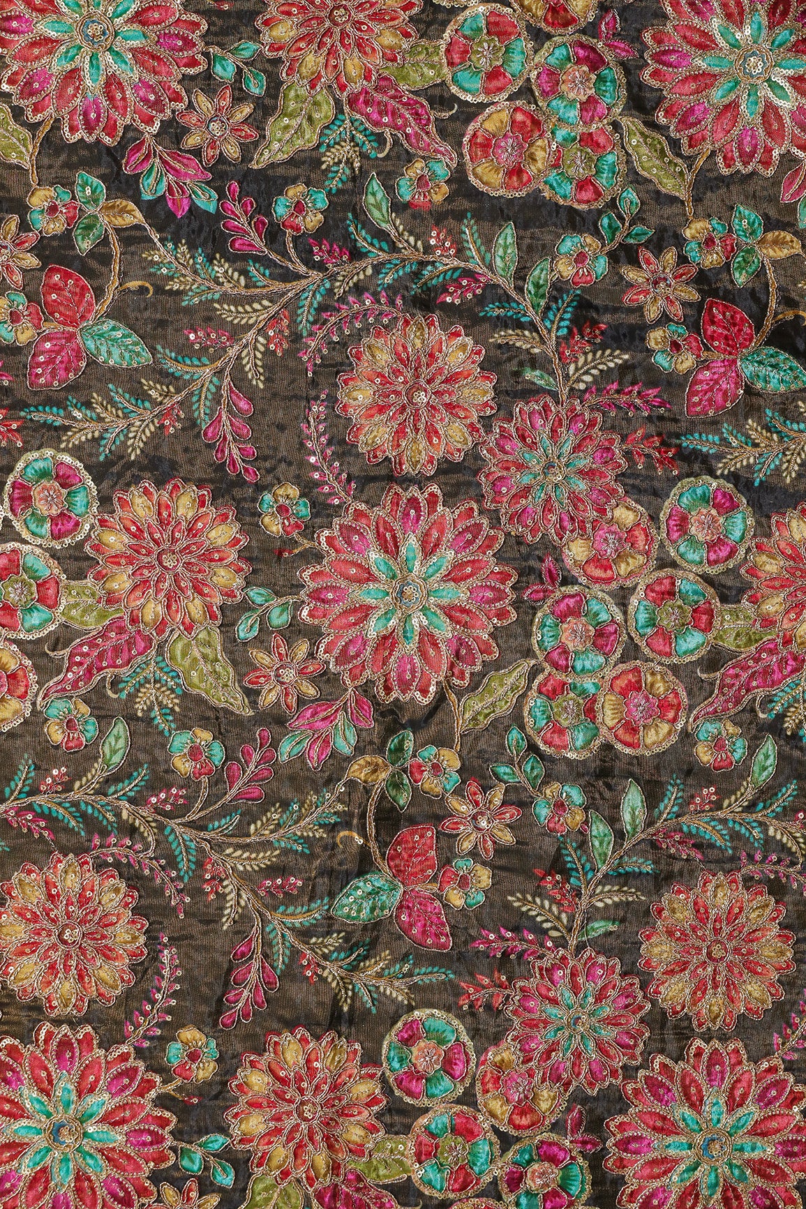 Floral Positional Print On Sequins With Zari Embroidery On Mehndi Green Viscose Zari Tissue Fabric