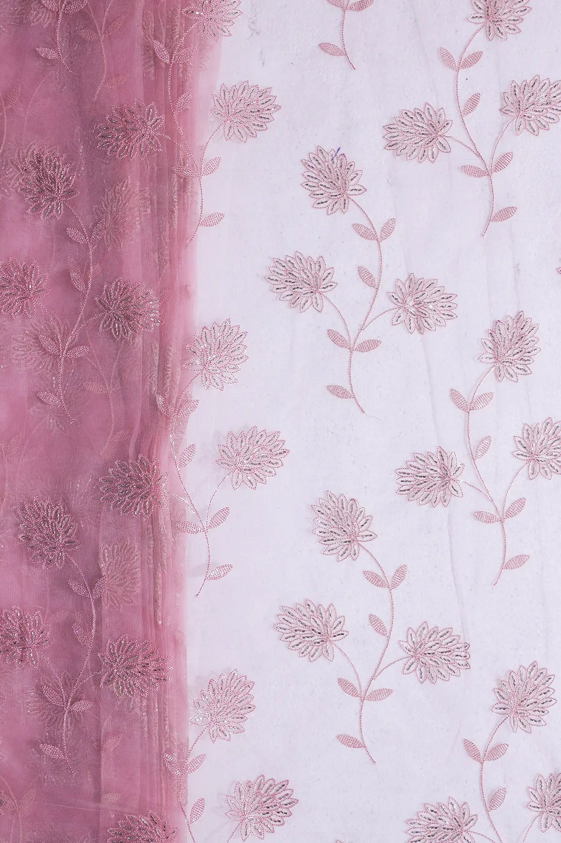 Pink Thread & Gold Beads With Water Sequins Floral Embroidery On Pink Soft Net Fabric