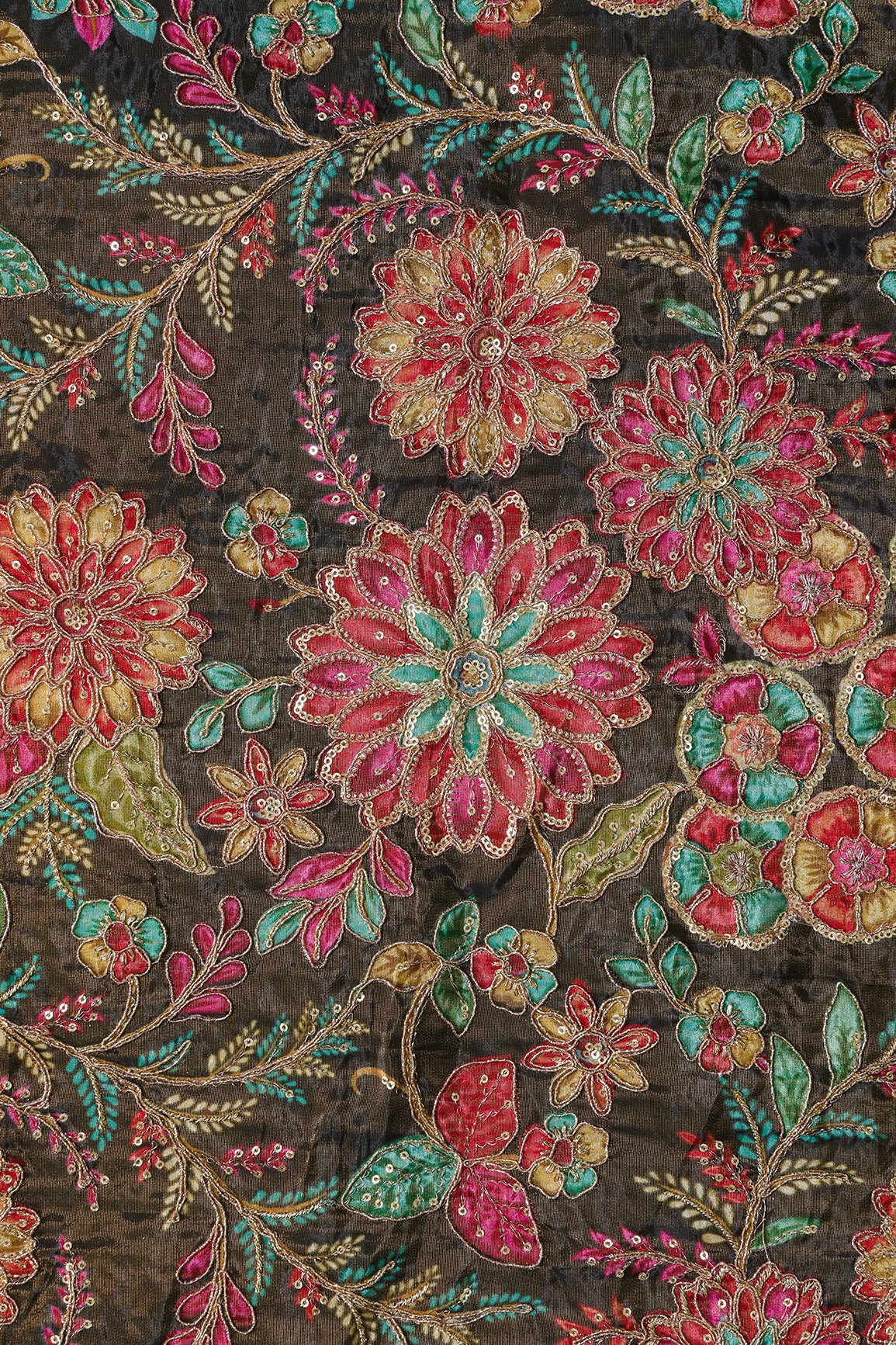 Floral Positional Print On Sequins With Zari Embroidery On Mehndi Green Viscose Zari Tissue Fabric