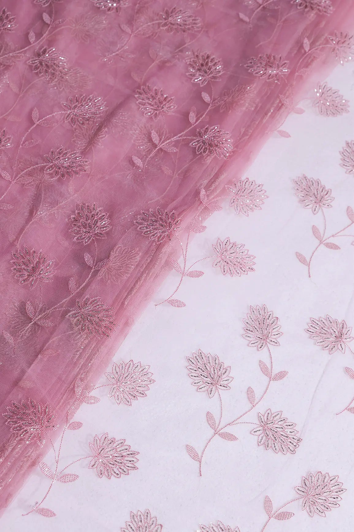 Pink Thread & Gold Beads With Water Sequins Floral Embroidery On Pink Soft Net Fabric