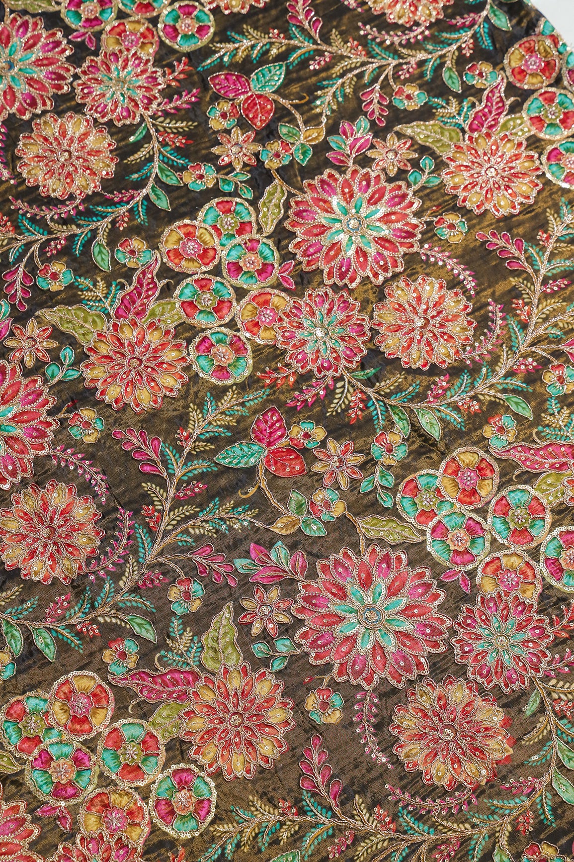 Floral Positional Print On Sequins With Zari Embroidery On Mehndi Green Viscose Zari Tissue Fabric