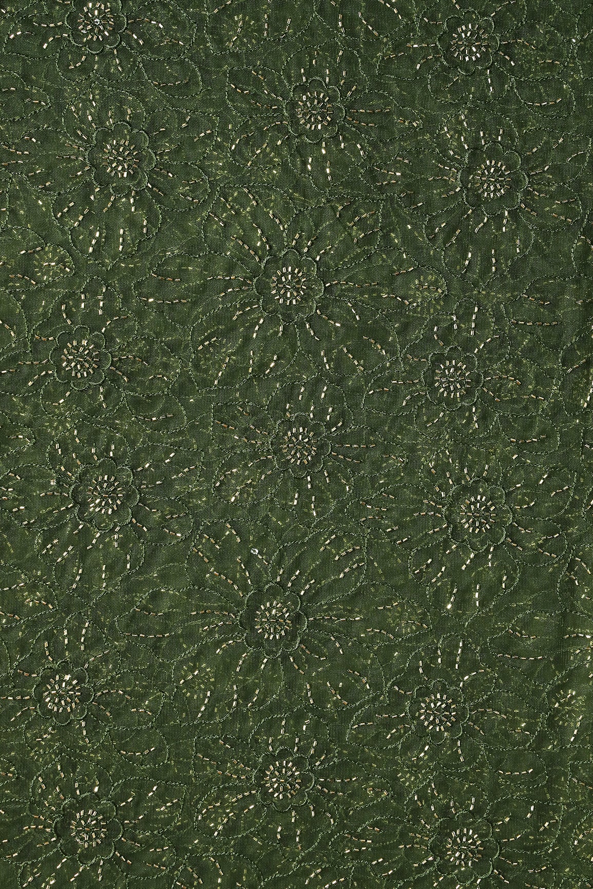 Mehndi Green Thread With Beads Floral Embroidery Work On Mehndi Green Soft Net Fabric