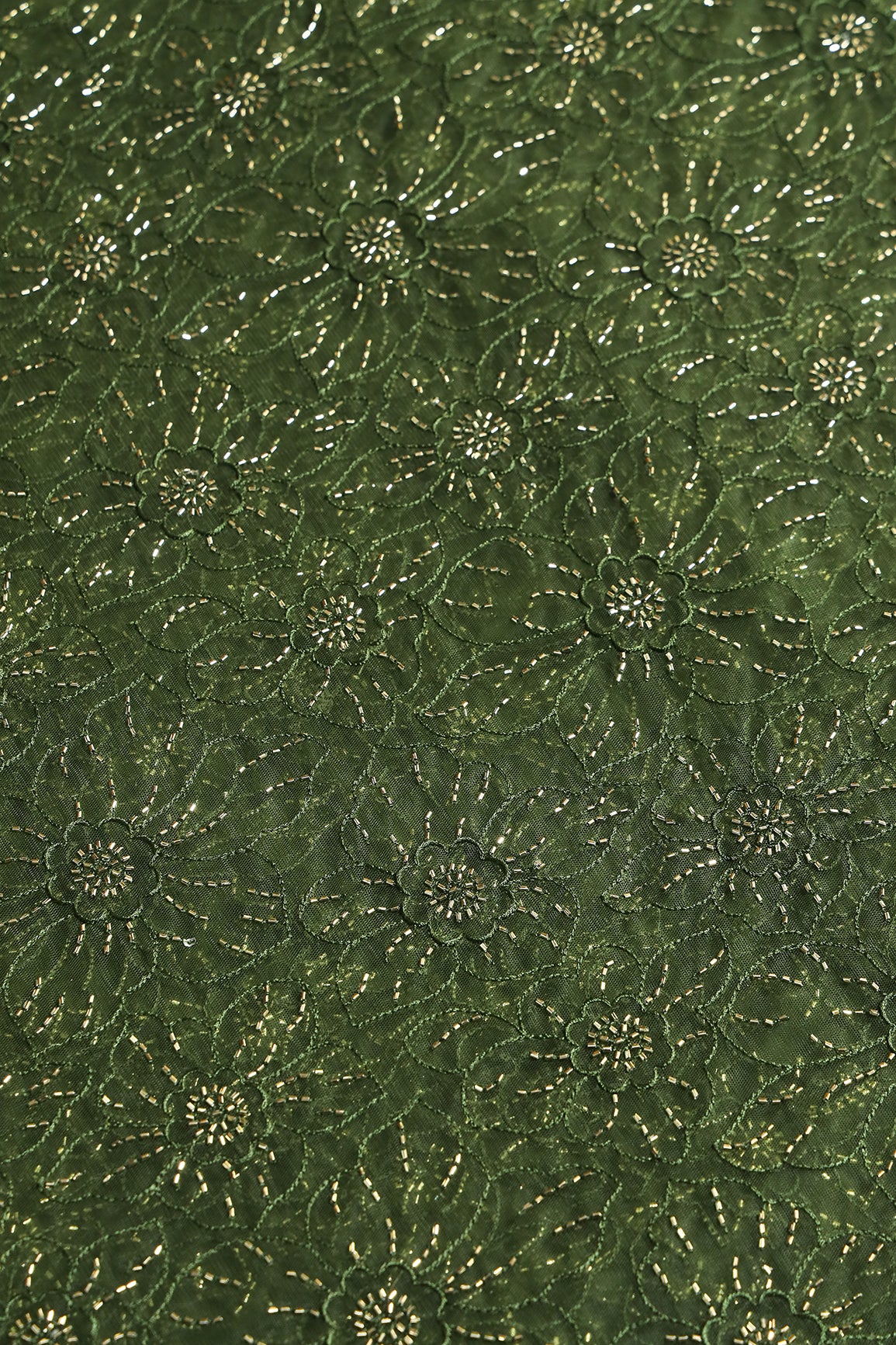 Mehndi Green Thread With Beads Floral Embroidery Work On Mehndi Green Soft Net Fabric