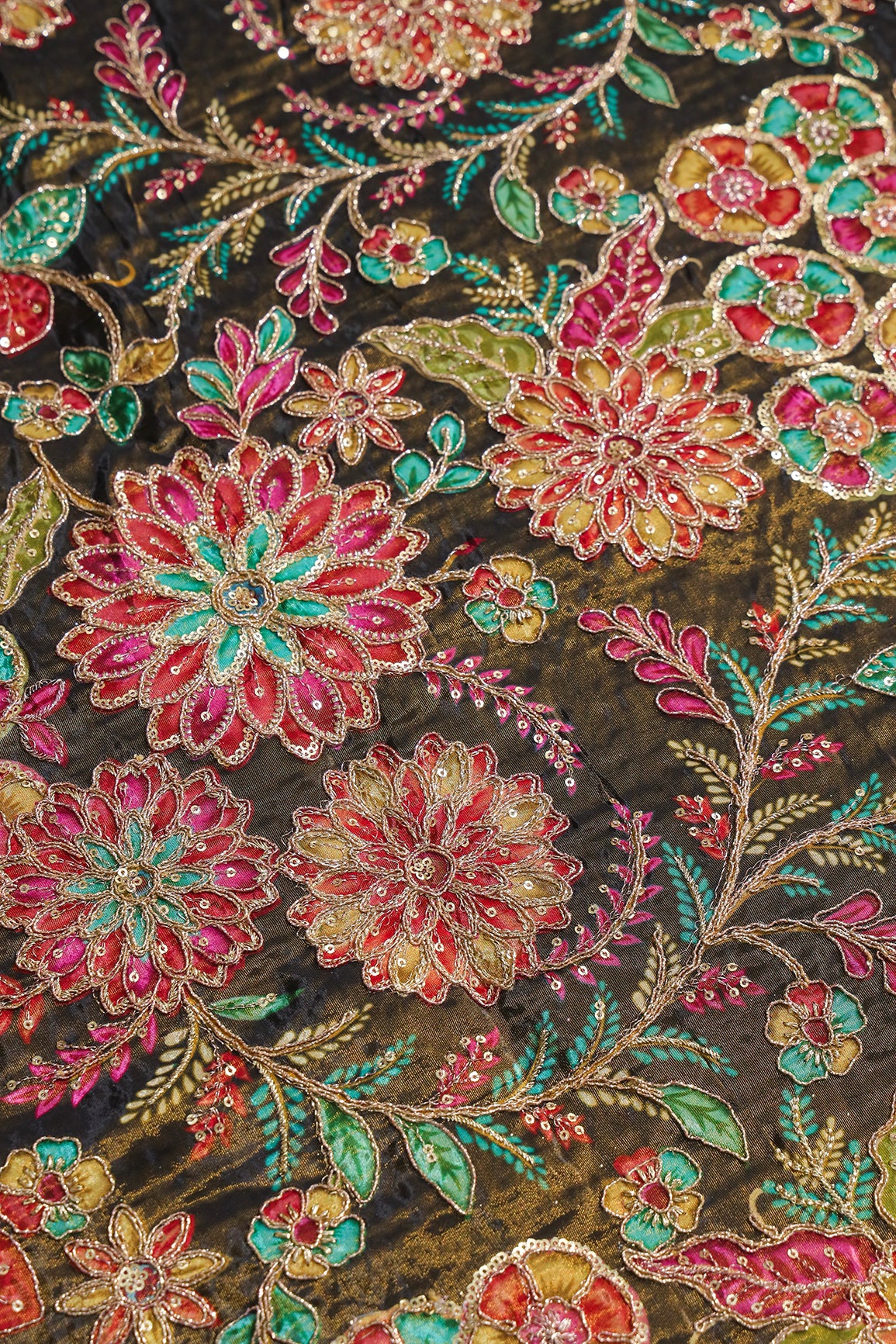 Floral Positional Print On Sequins With Zari Embroidery On Mehndi Green Viscose Zari Tissue Fabric