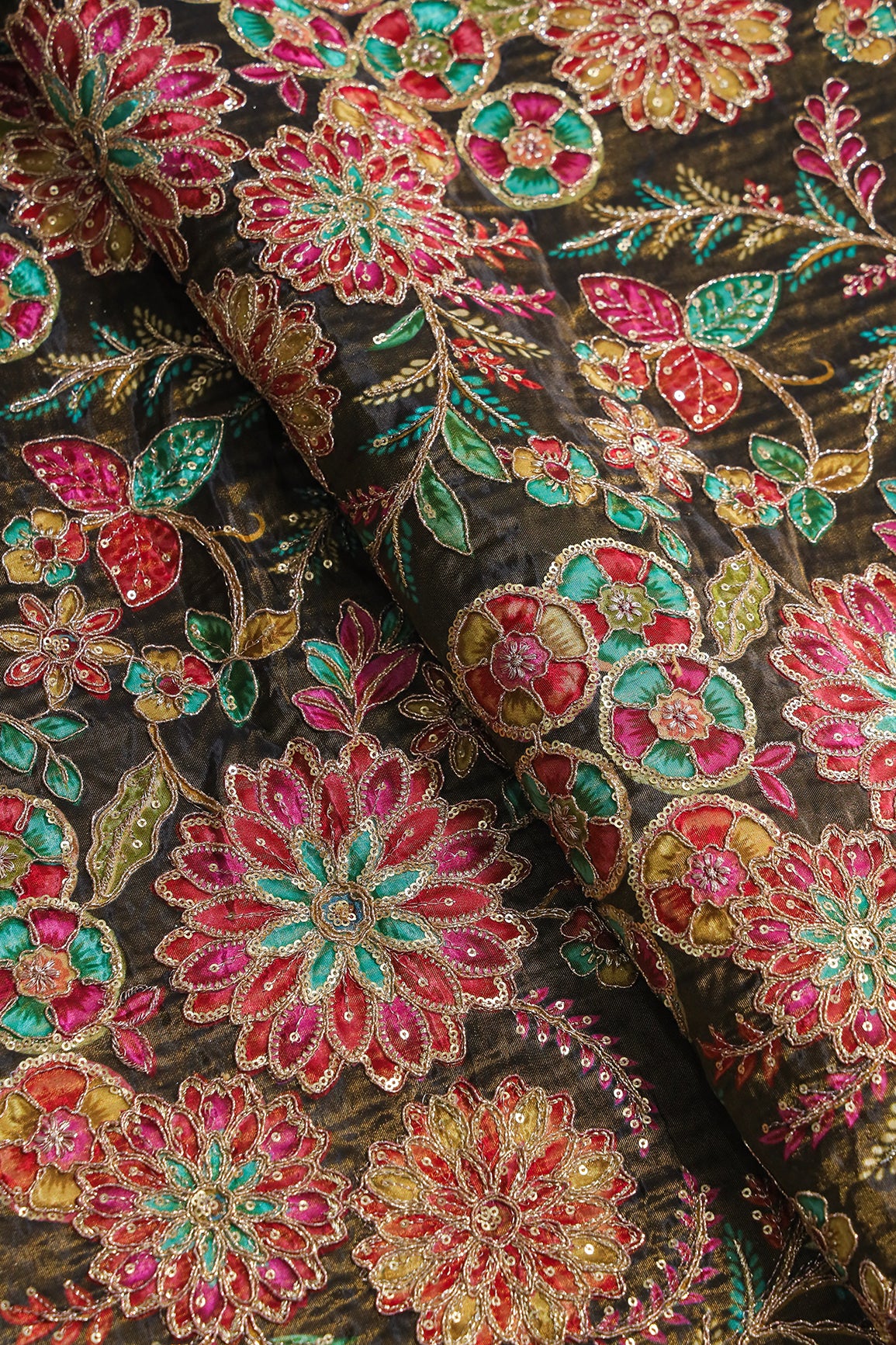 Floral Positional Print On Sequins With Zari Embroidery On Mehndi Green Viscose Zari Tissue Fabric