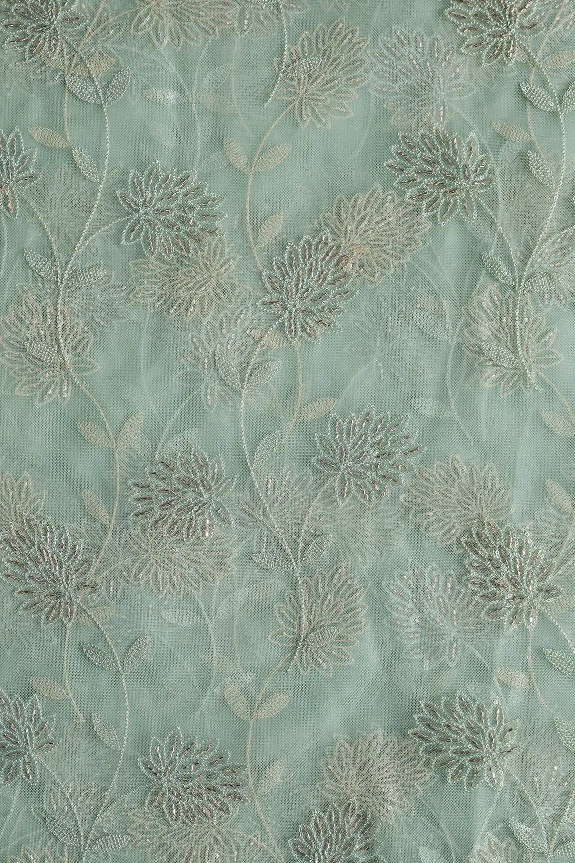 Olive Thread & Gold Beads With Water Sequins Floral Embroidery On Olive Soft Net Fabric